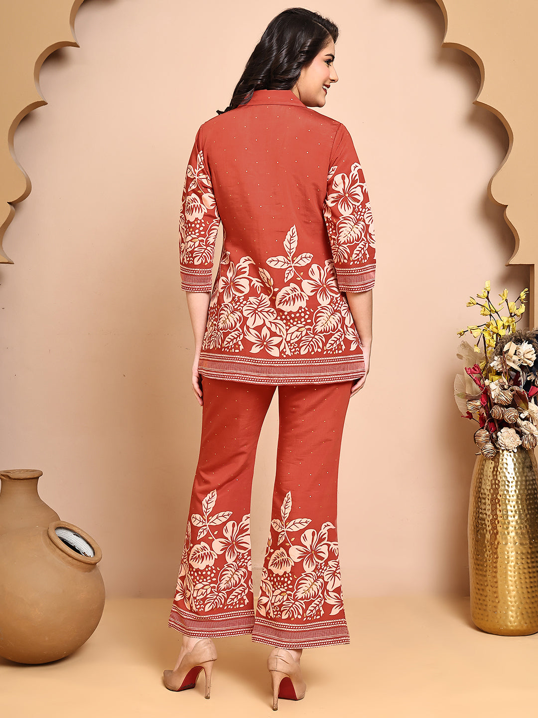 Orange Colour Floral Printed Premium Chanderi Co-Ord Set for Women
