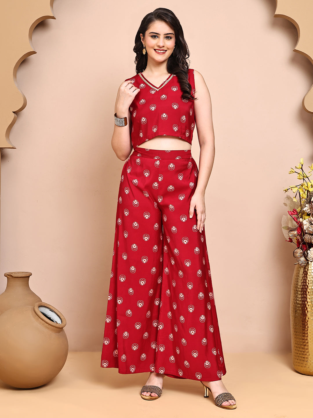 Red Colour V-Neck Ethnic Printed Co-Ord Set with Palazzo & Jacket for Women