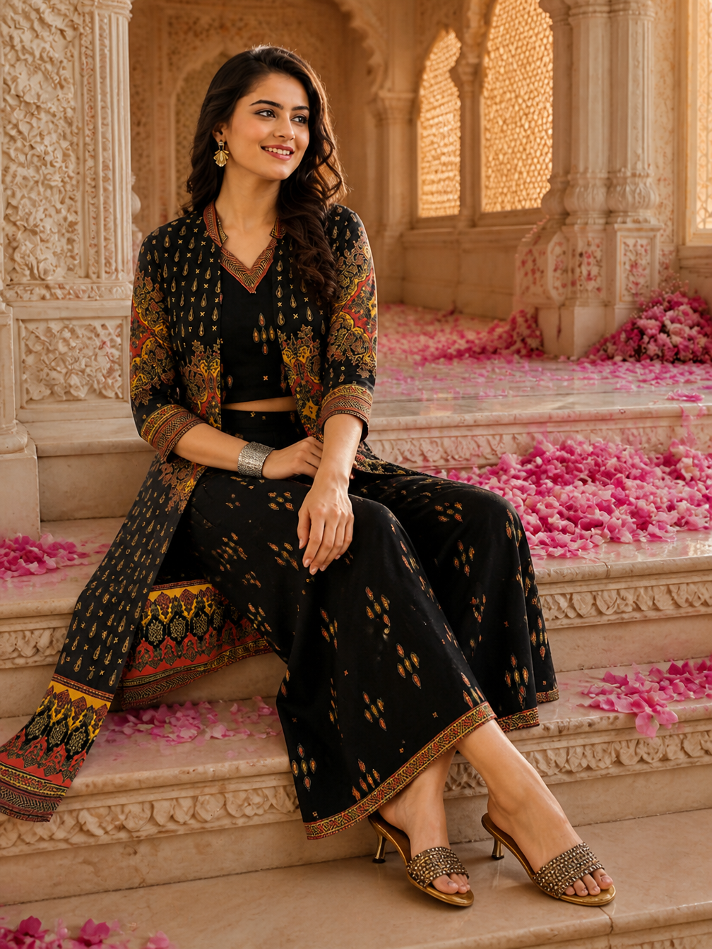Black Ethnic Printed Viscose Rayon Co-Ord Set for Women | Claura