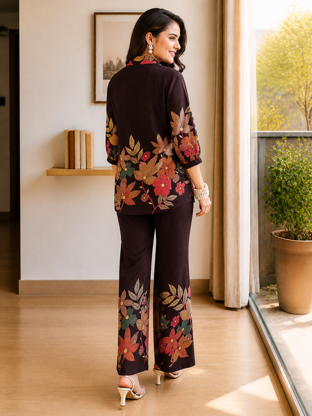 Coffee Brown Floral Chanderi Co-Ord Set with Collared Top | Claura