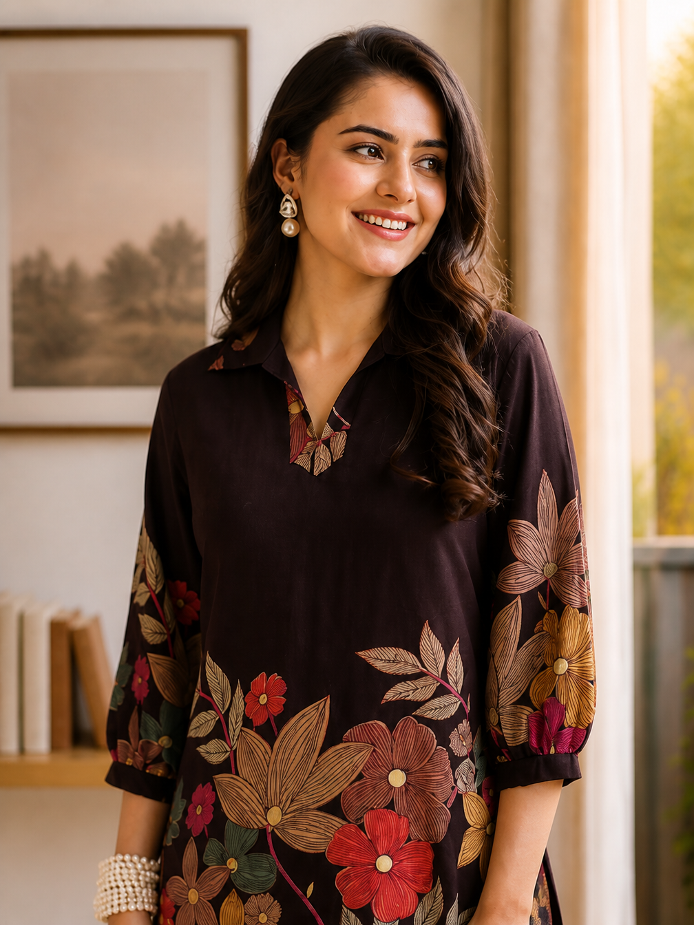 Coffee Brown Floral Chanderi Co-Ord Set with Collared Top | Claura
