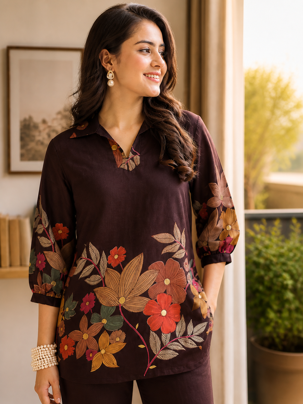 Coffee Brown Floral Chanderi Co-Ord Set with Collared Top | Claura