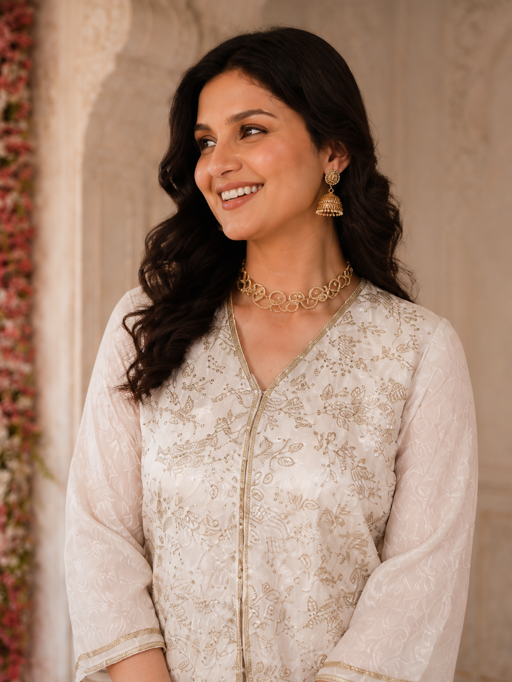 Elegant White Embroidered V-Neck Tunic with Palazzo Set | Claura