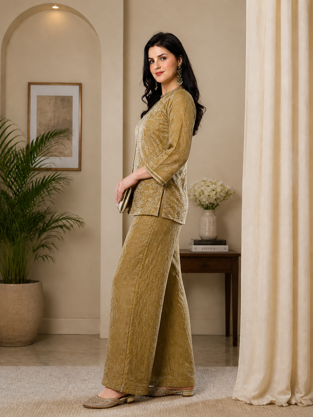 Elegant Gold-Toned Embroidered V-Neck Tunic with Palazzo Set | Claura