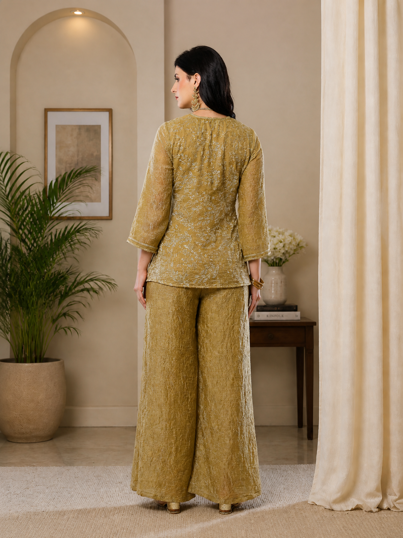 Elegant Gold-Toned Embroidered V-Neck Tunic with Palazzo Set | Claura