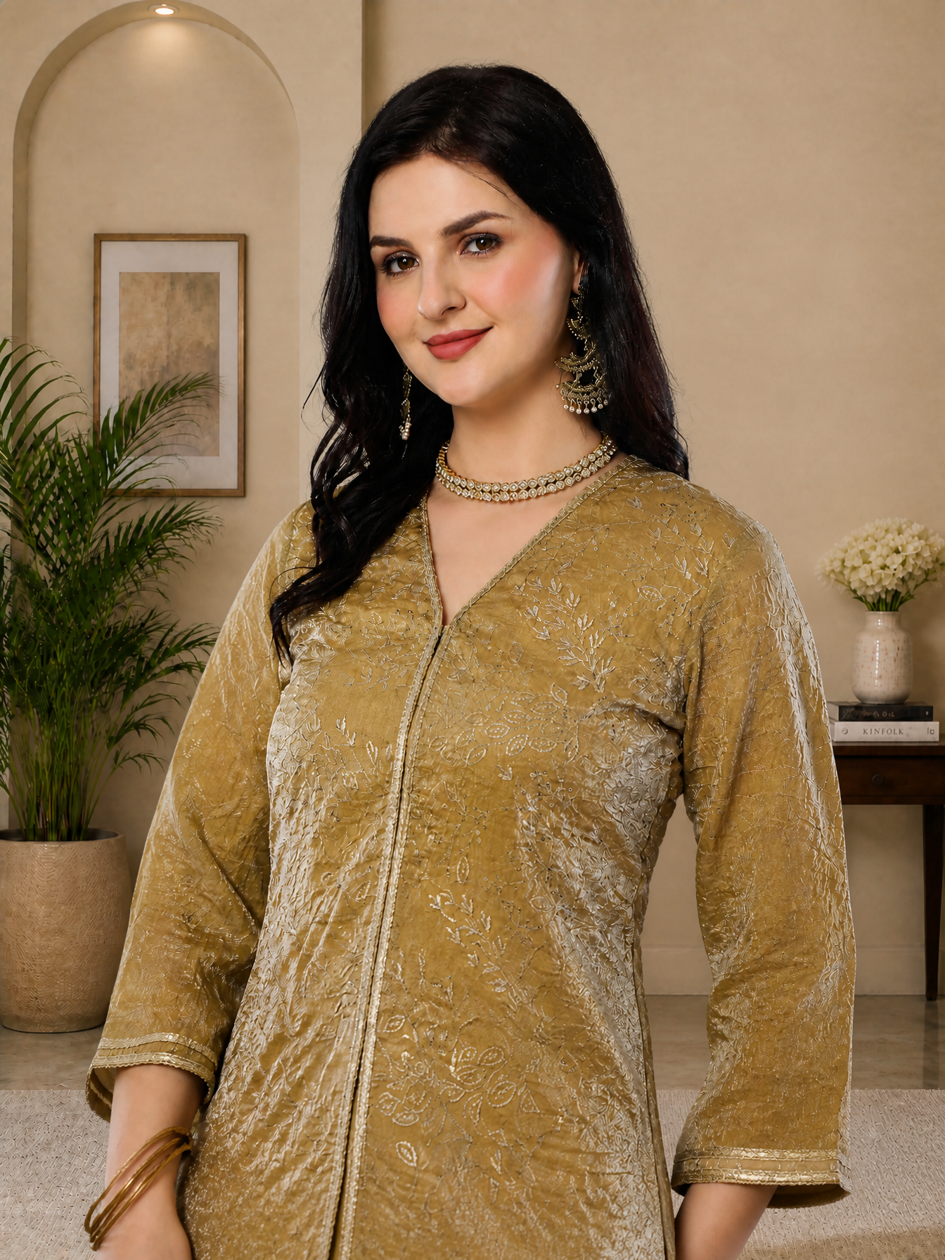 Elegant Gold-Toned Embroidered V-Neck Tunic with Palazzo Set | Claura