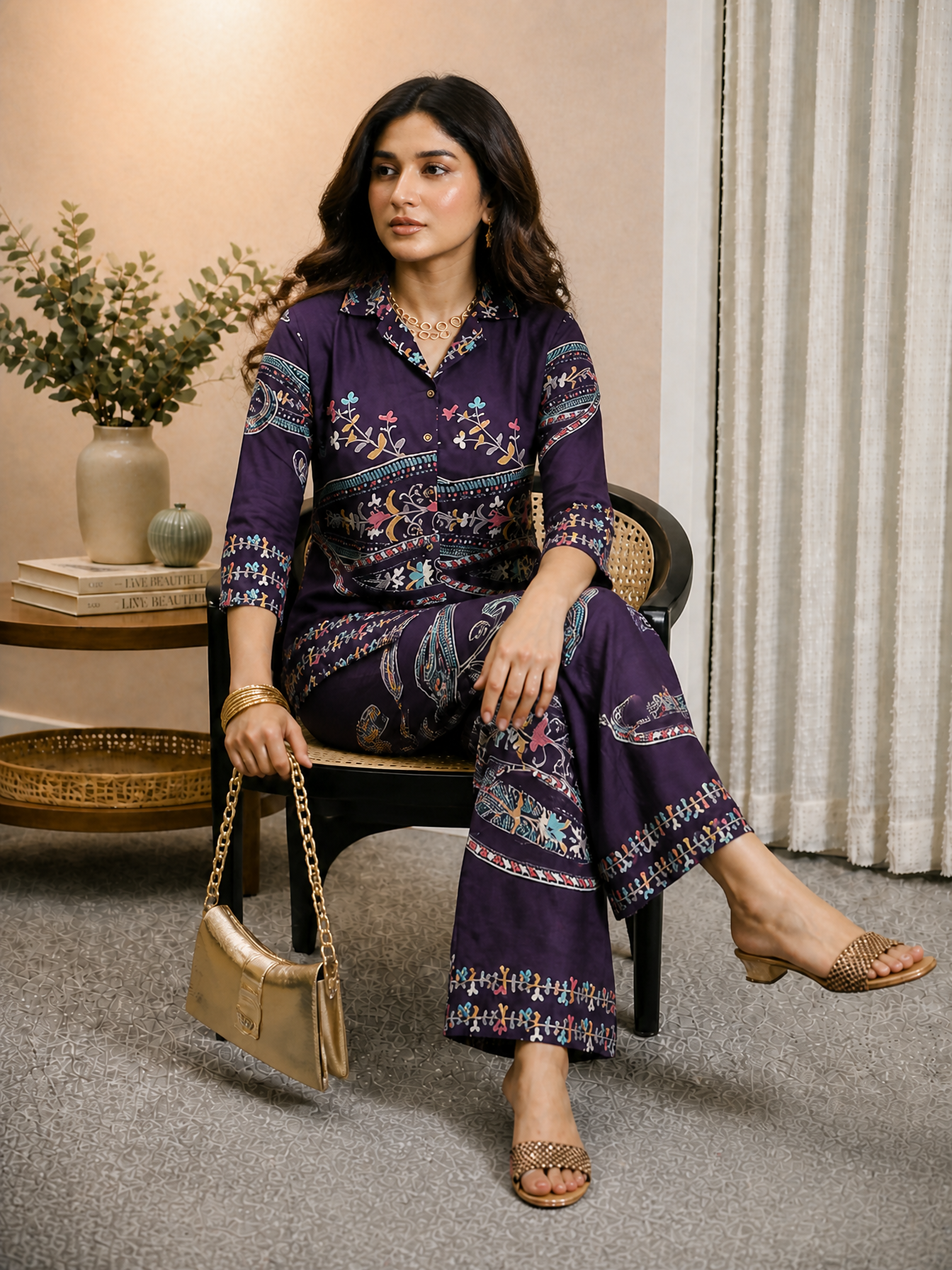 Purple Abstract Printed Chanderi Silk Tunic & Trousers Co-Ord Set for Women | Claura