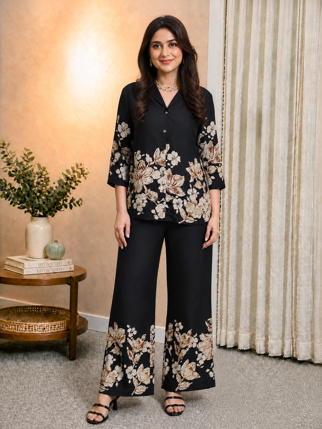 Black Chanderi Silk Floral Co-Ord Set for Women | Claura