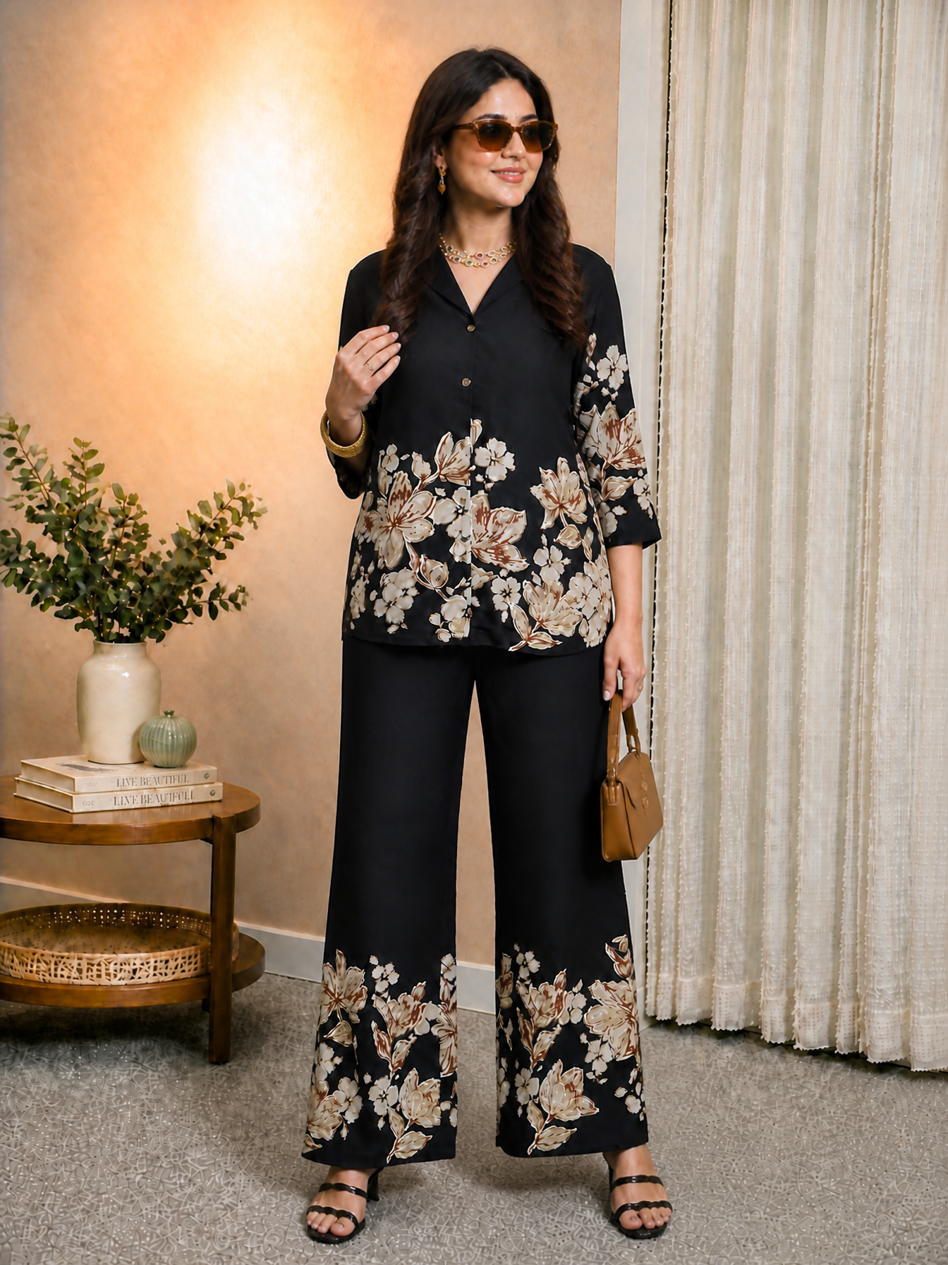 Black Chanderi Silk Floral Co-Ord Set for Women | Claura