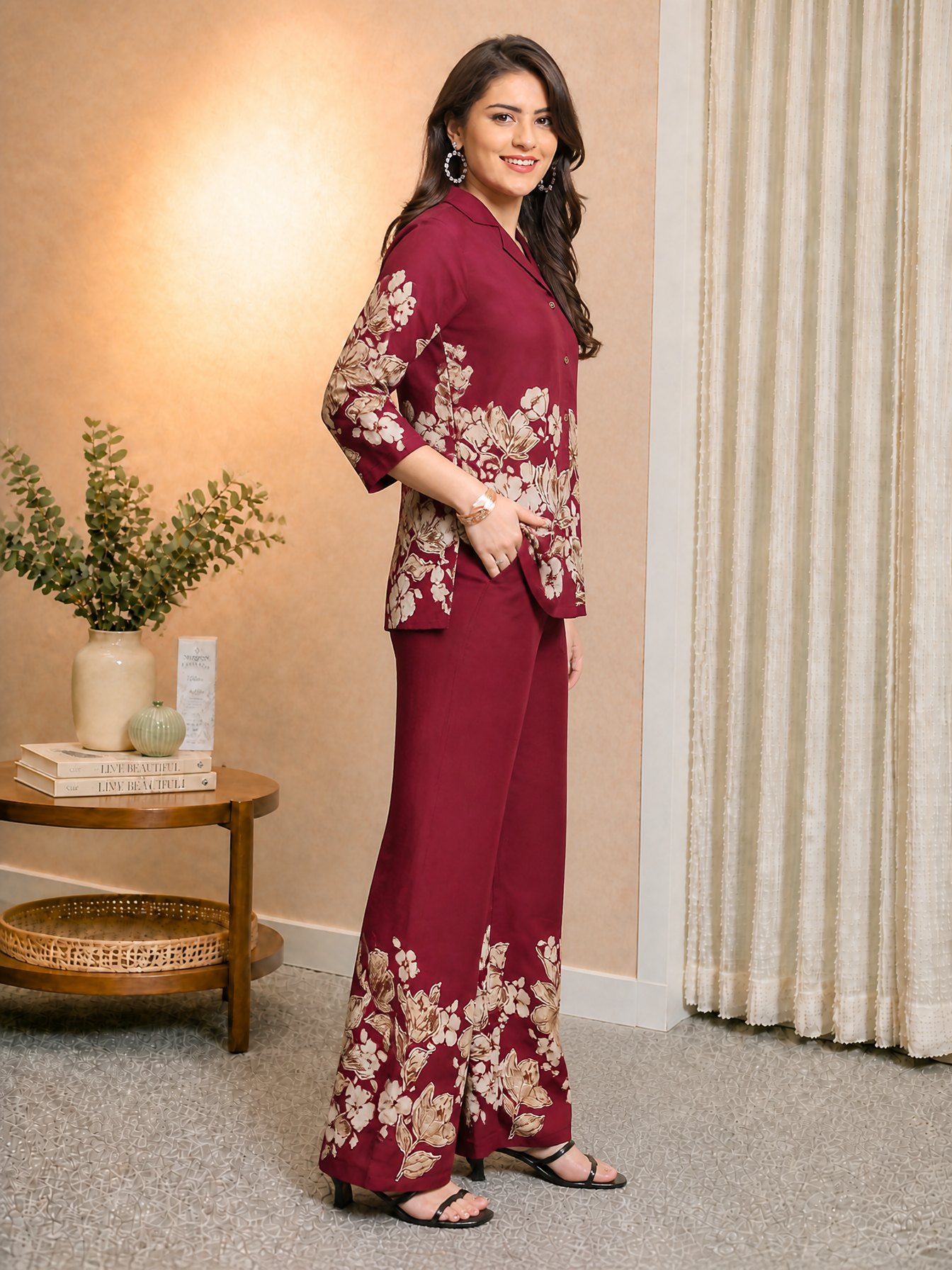 Wine Floral Printed Chanderi Silk Co-Ord Set for Women | Claura