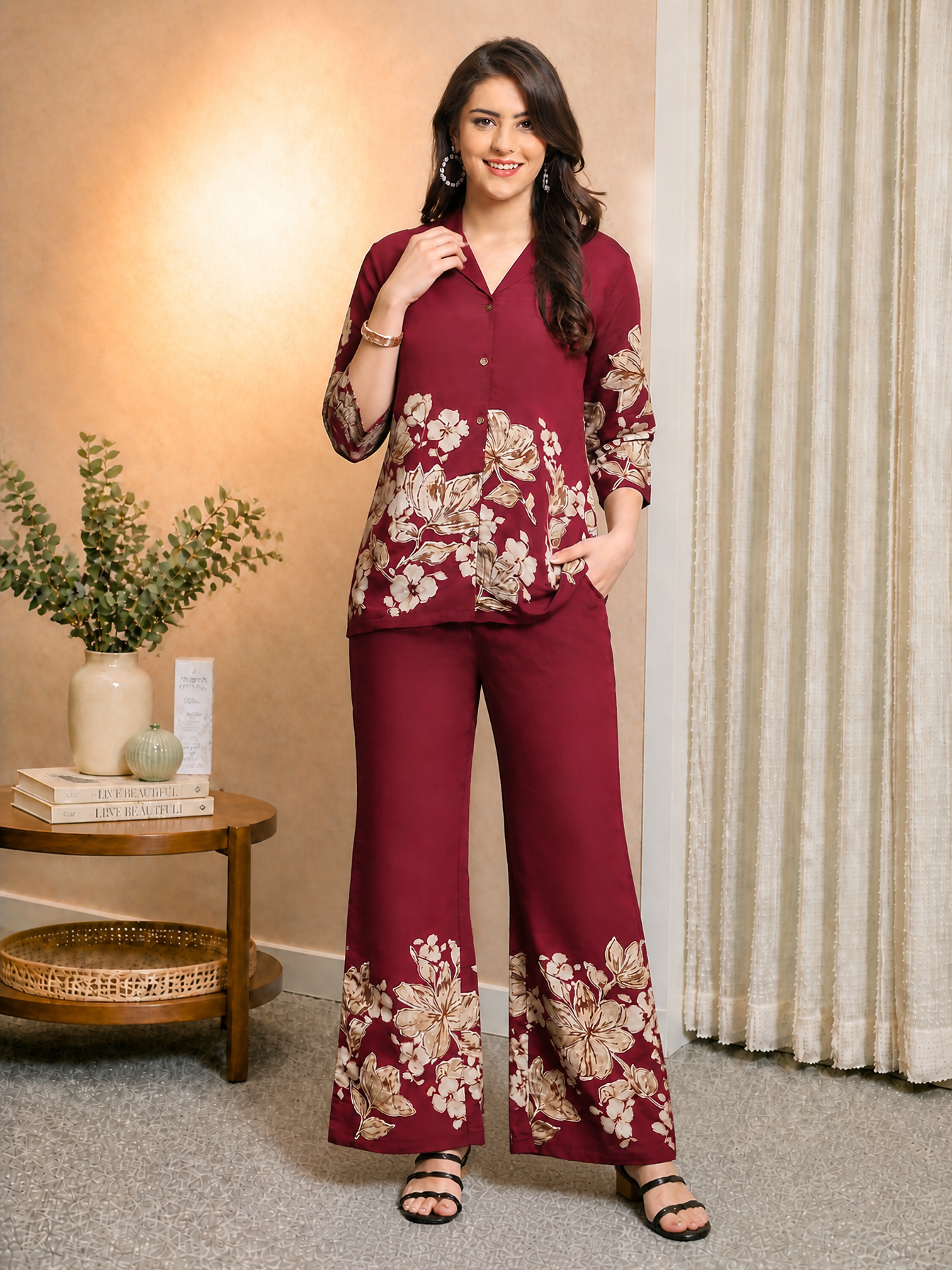 Wine Floral Printed Chanderi Silk Co-Ord Set for Women | Claura