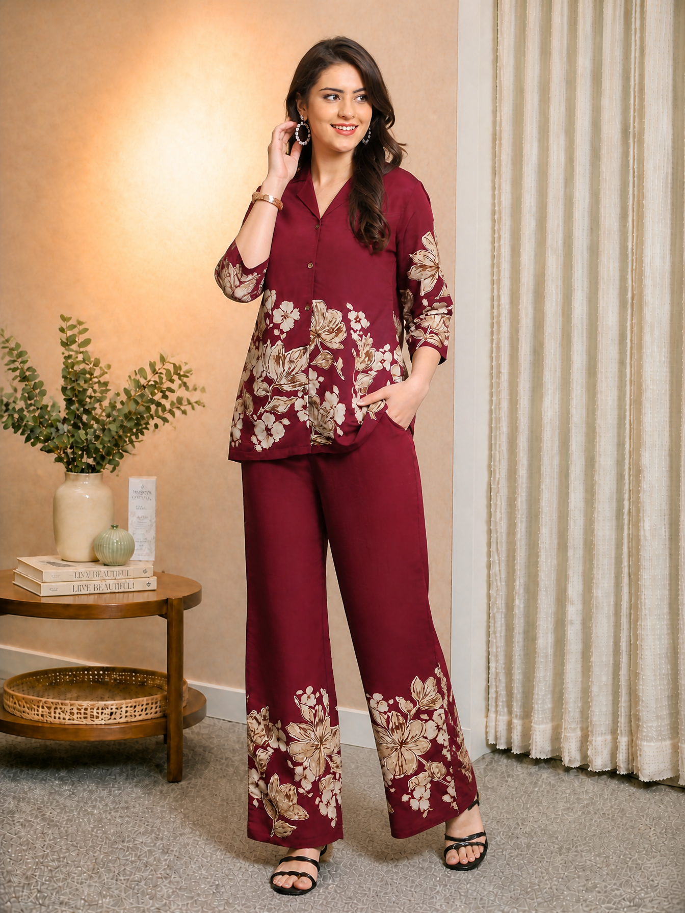 Wine Floral Printed Chanderi Silk Co-Ord Set for Women | Claura