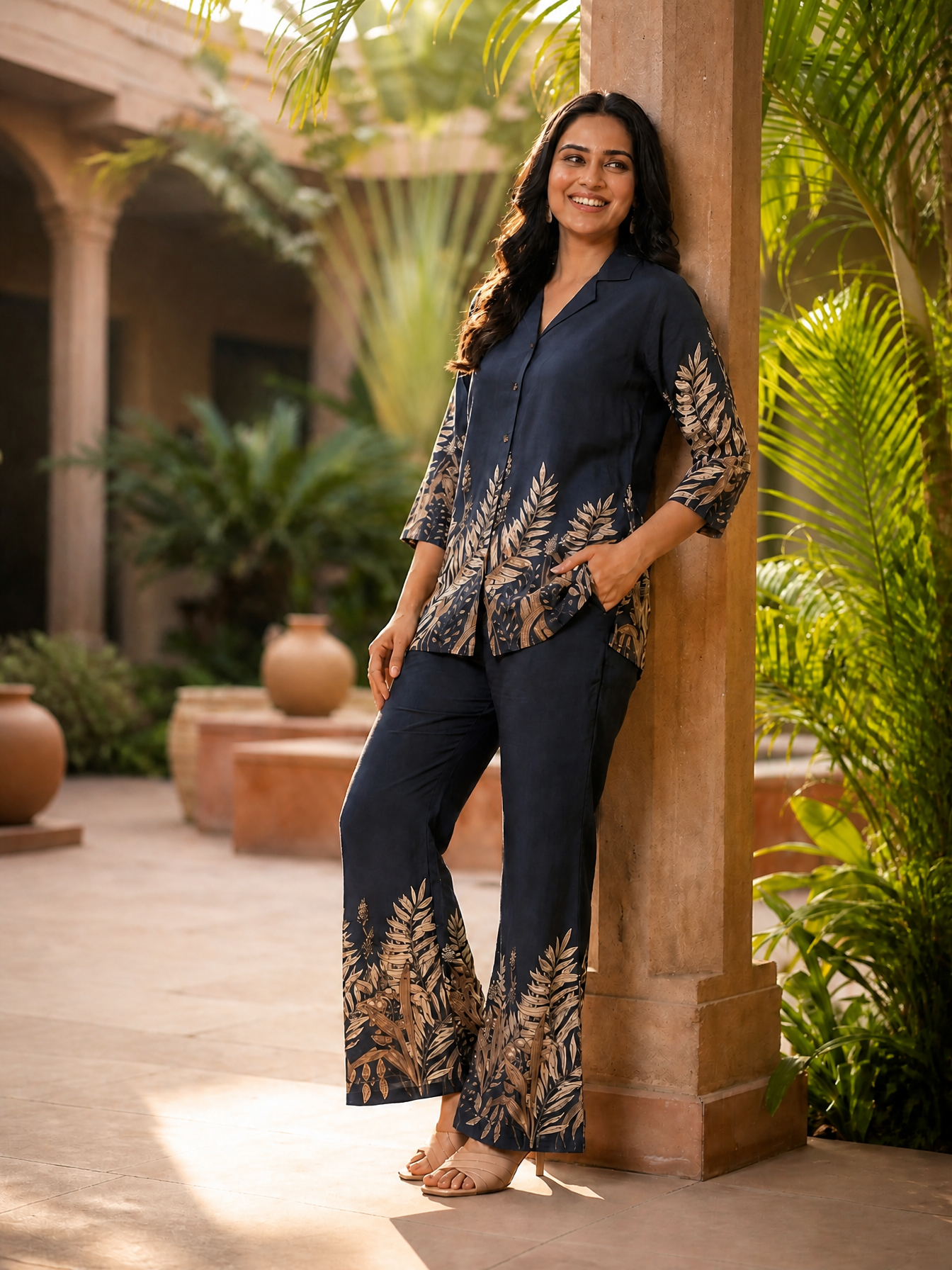 Smokey Grey Leafy Printed Chanderi Co-Ord Set | Claura
