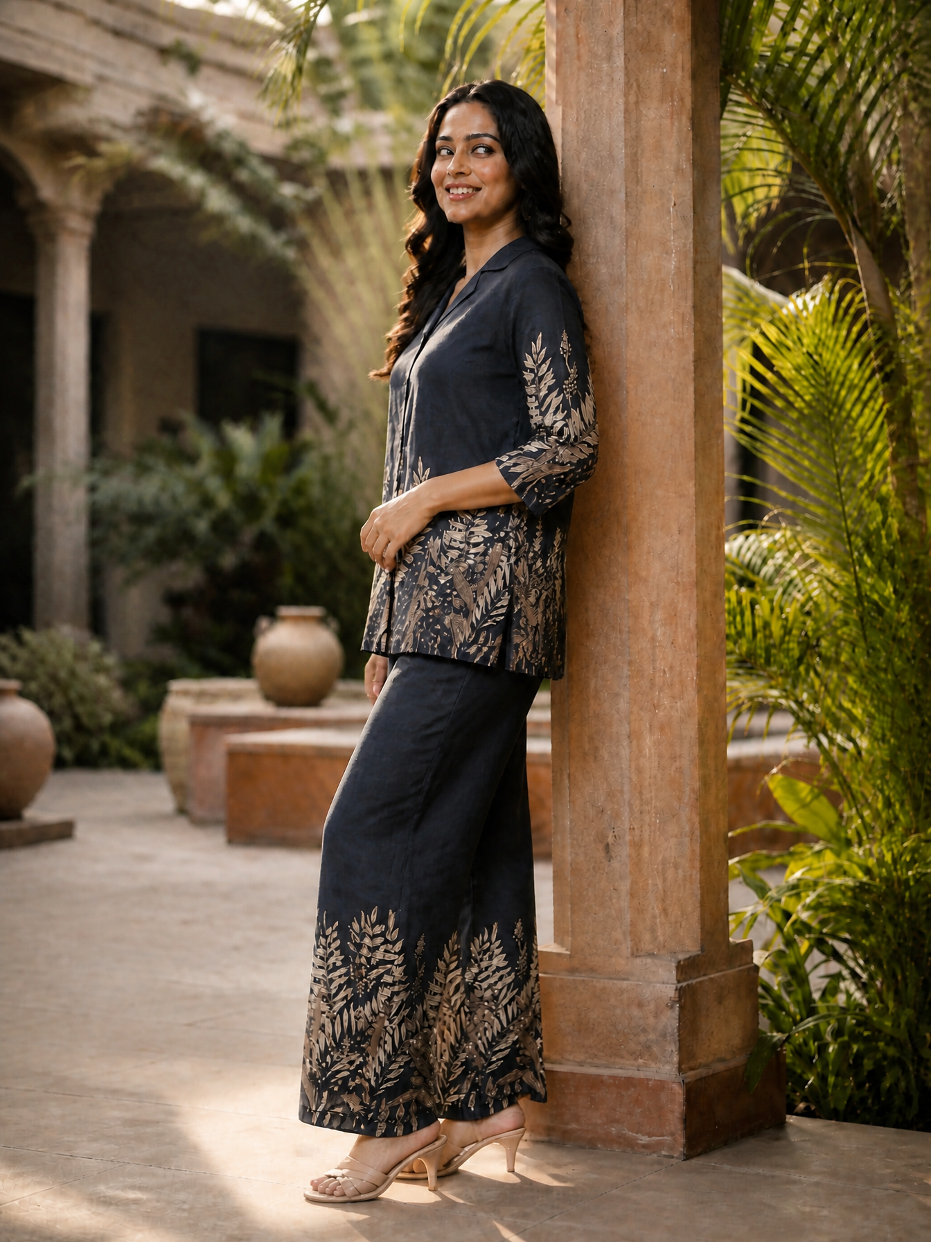 Smokey Grey Leafy Printed Chanderi Co-Ord Set | Claura