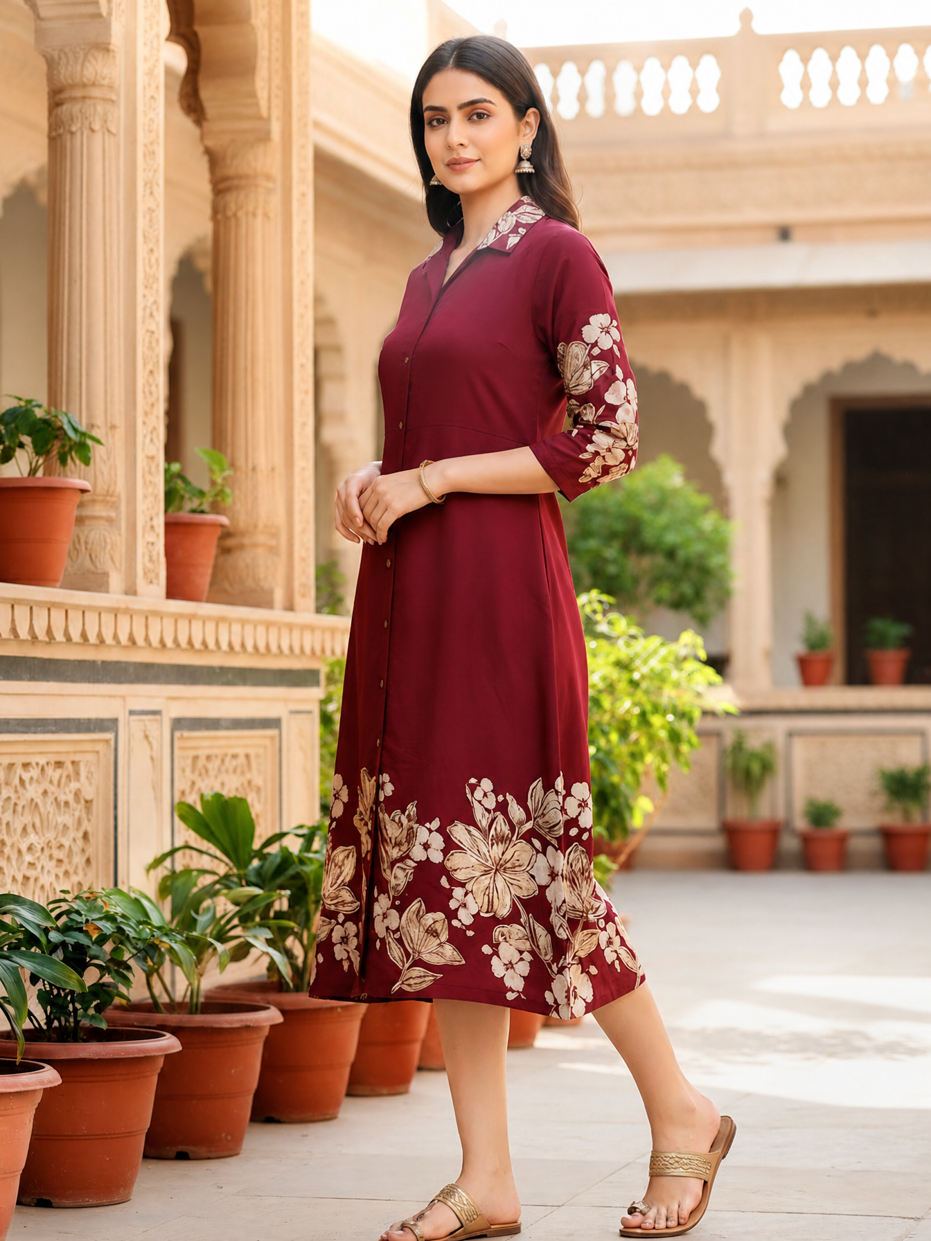 Wine Chanderi Floral Style Ethnic Dress for Women| Claura