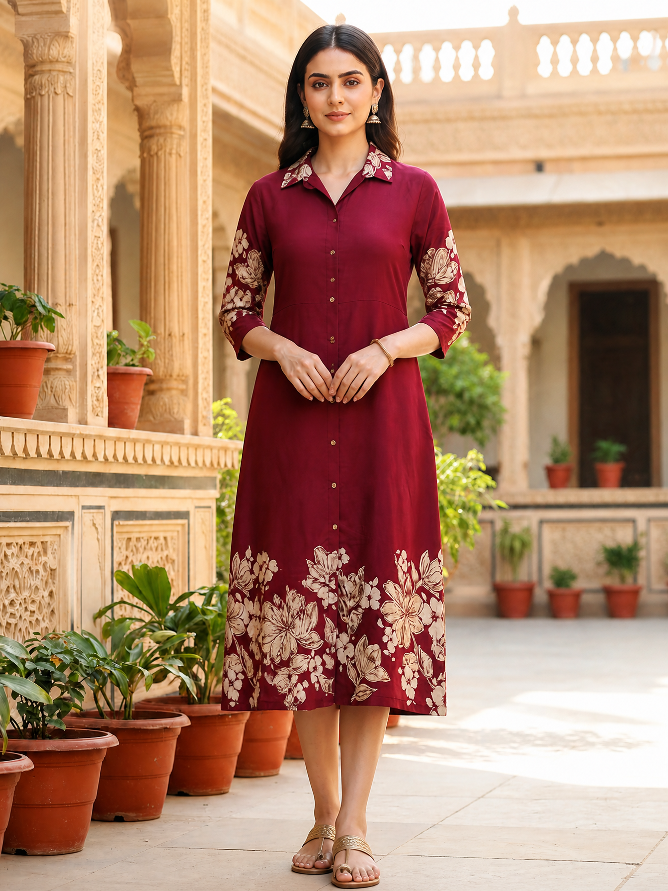 Wine Chanderi Floral Style Ethnic Dress for Women| Claura
