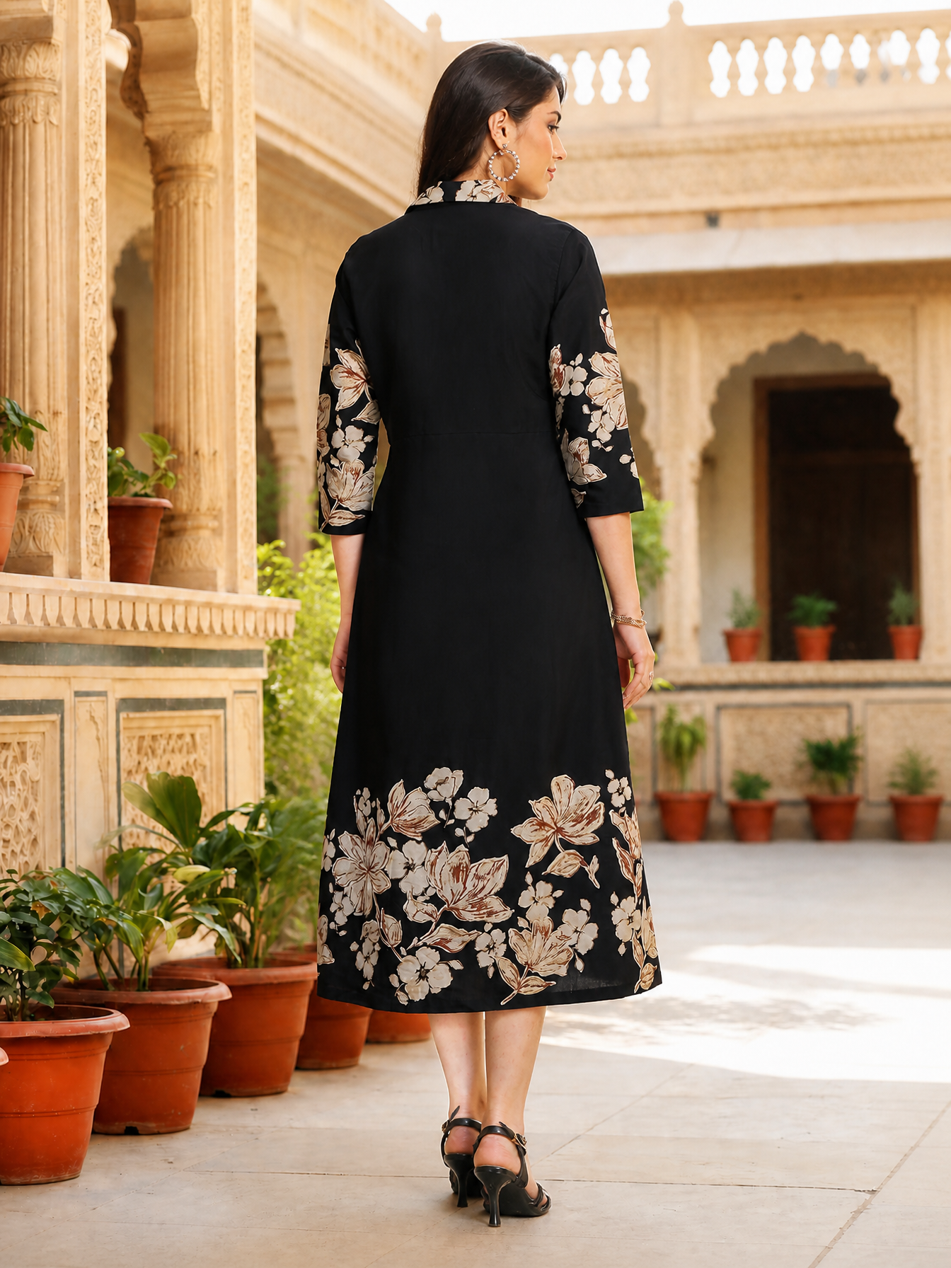 Black Floral Printed Chanderi Silk A-Line Dress for Women | Claura