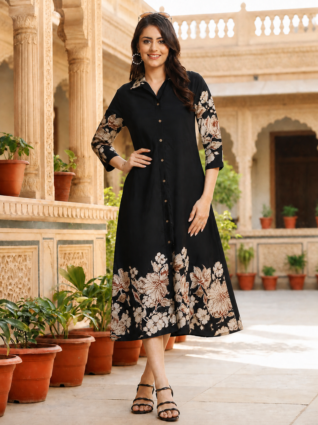 Black Floral Printed Chanderi Silk A-Line Dress for Women | Claura