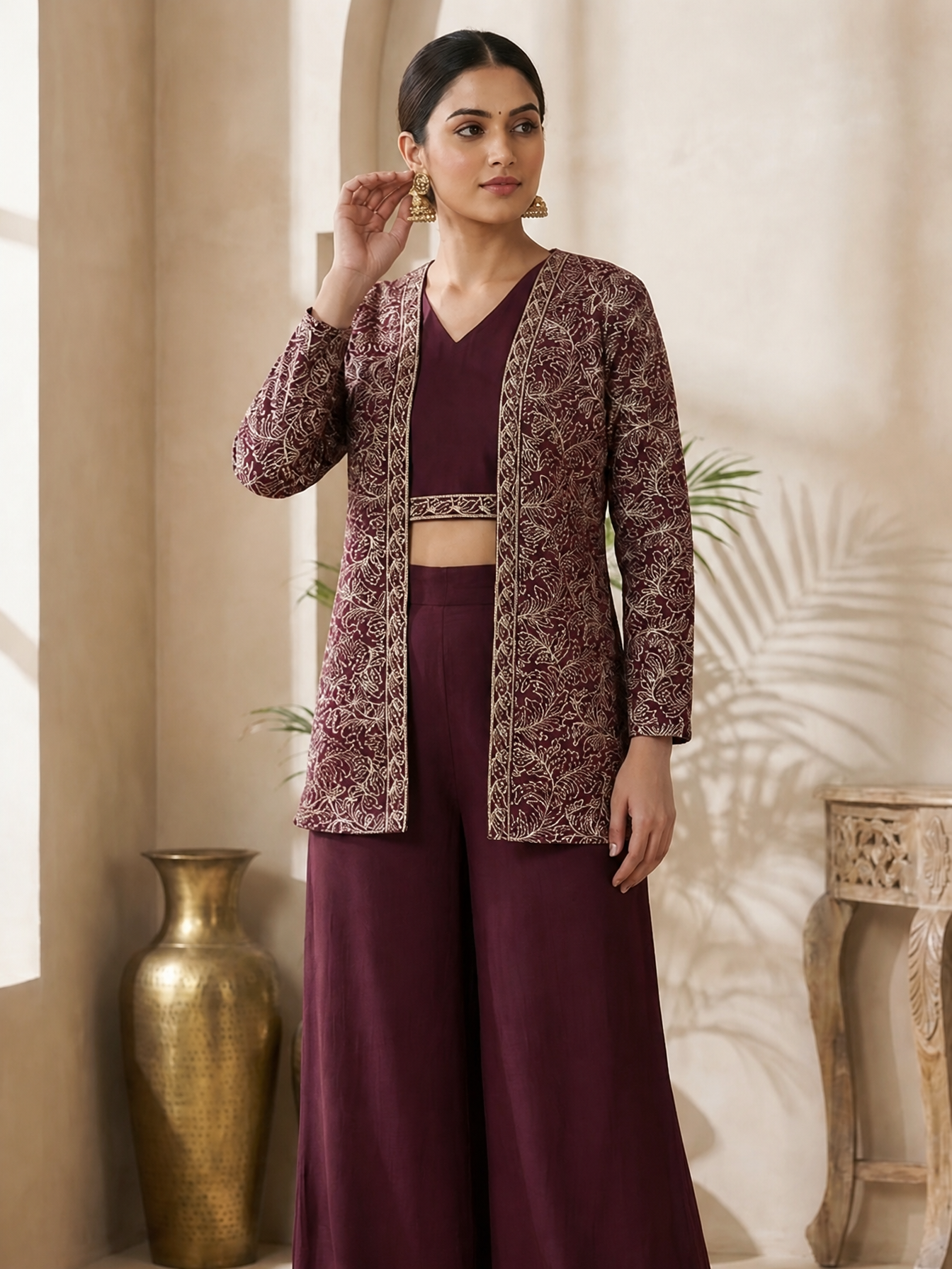 Wine Ethnic Chanderi Silk Co-Ord Set for Women With embroidered jacket | Claura