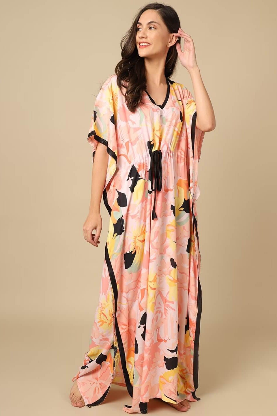 Multi Color Floral Printed Viscose Rayon Kaftan Claura Designs Pvt. Ltd. Kaftan Floral, kaftan, kaftan_freesize, multi color, Nightdress, Printed, Sleepwear, V-Neck