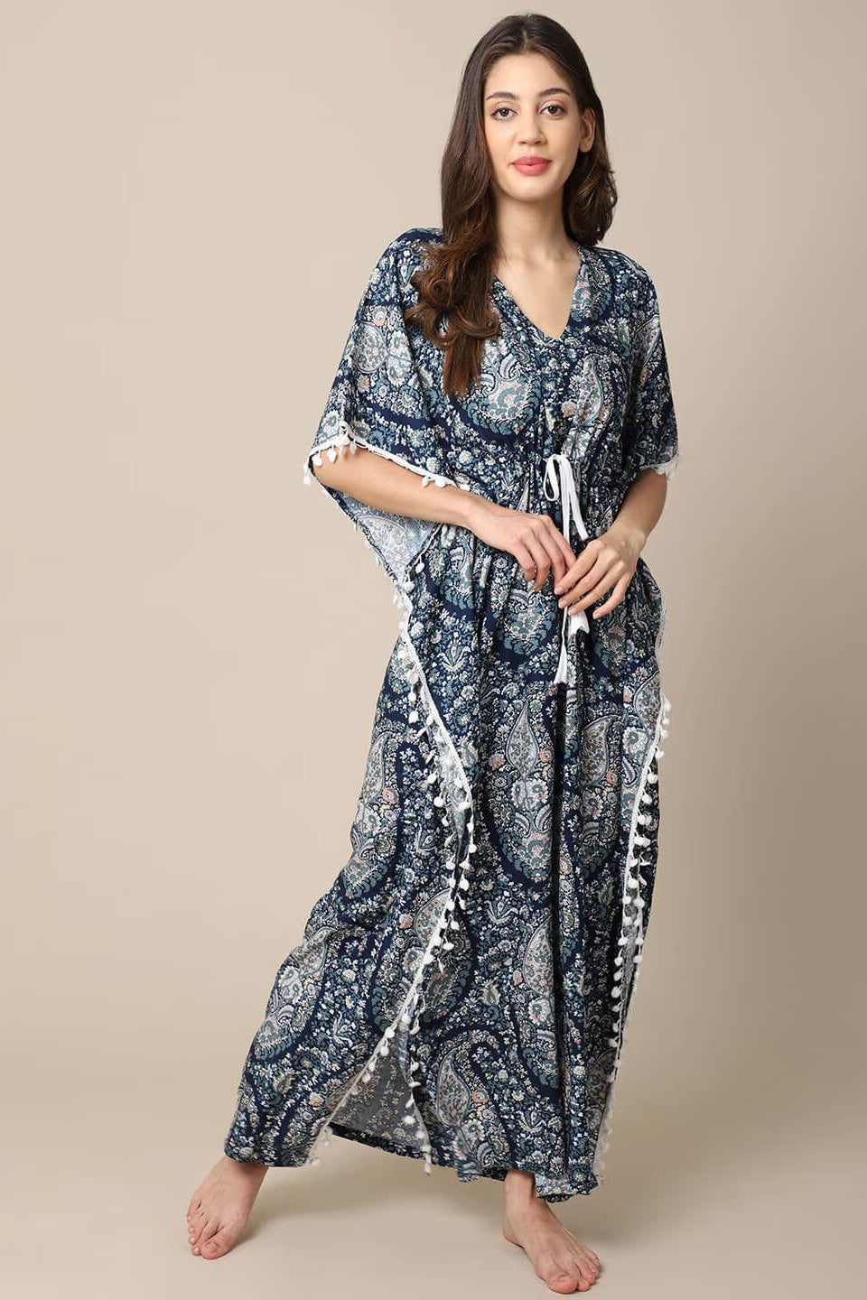 Blue Motif Printed Viscose Rayon Kaftan For Women Claura Designs Pvt. Ltd. Kaftan blue, kaftan, kaftan_freesize, Nightdress, Printed, Sleepwear, V-Neck
