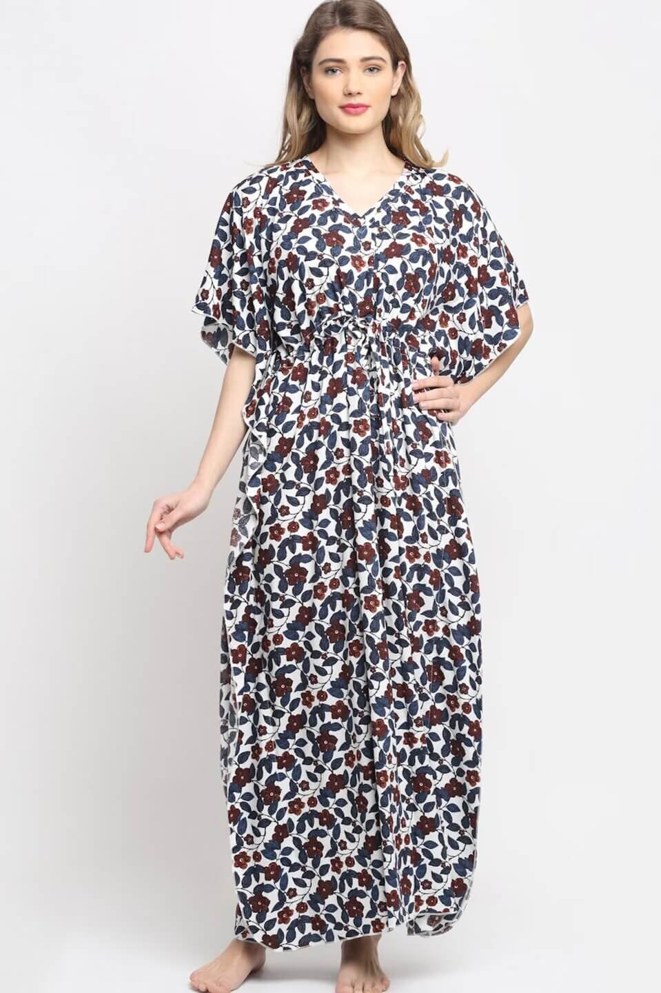White and Blue Floral Printed Viscose Rayon Kaftan Claura Designs Pvt. Ltd. Kaftan Floral, Free Size, kaftan, kaftan_freesize, Nightdress, Printed, Sleepwear, V-Neck, White