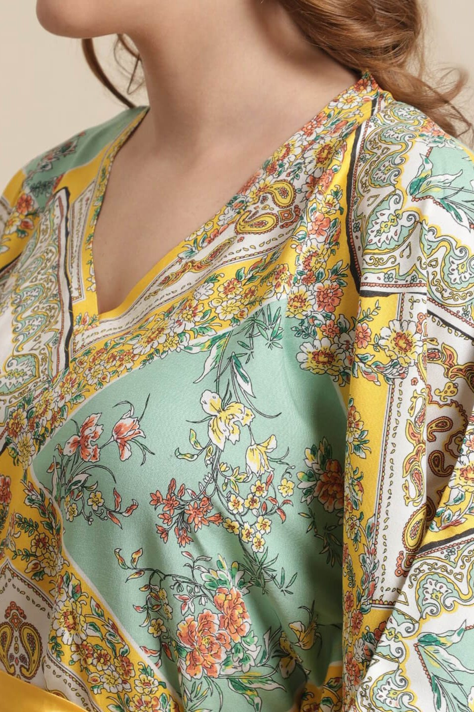 Yellow Color Floral Printed Rayon Night Dress Kaftan Claura Designs Pvt. Ltd. Kaftan Floral, kaftan, Kaftan_allsizes, Nightdress, Printed, Sleepwear, V-Neck, Yellow