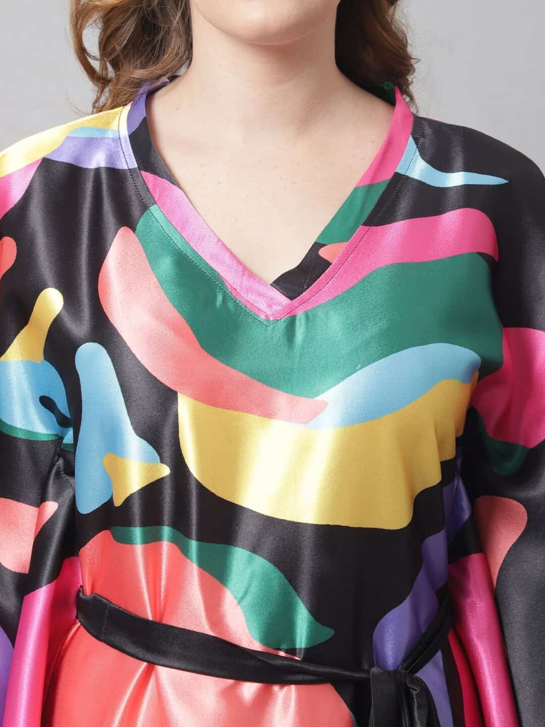 Pink Abstract Printed Satin Kaftan Maxi Nightdress For Women Claura Designs Pvt. Ltd. Kaftan Abstract, Black, Kaftan, Kaftan_allsizes, Nightdress, Pink, Printed, Satin, Short Sleeves, Sleepwea