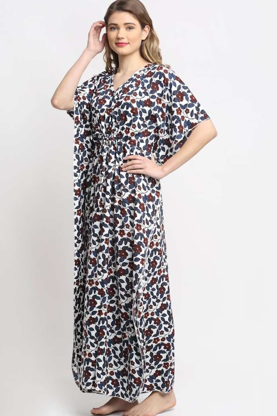 White and Blue Floral Printed Viscose Rayon Kaftan Claura Designs Pvt. Ltd. Kaftan Floral, Free Size, kaftan, kaftan_freesize, Nightdress, Printed, Sleepwear, V-Neck, White