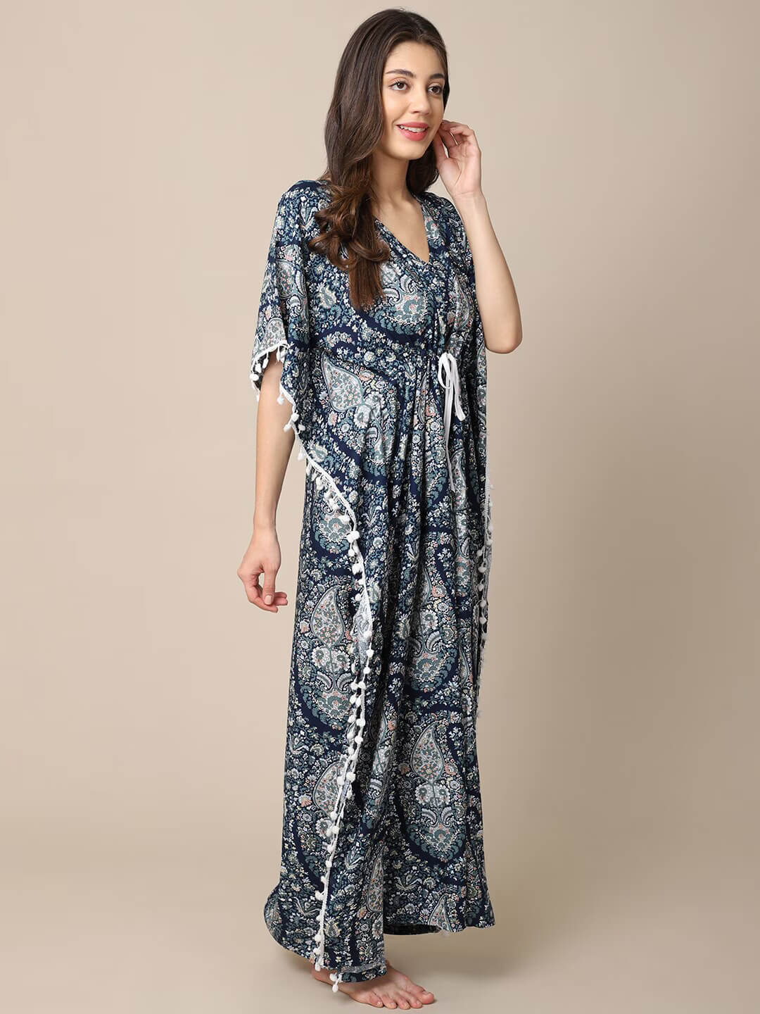 Blue Motif Printed Viscose Rayon Kaftan For Women Claura Designs Pvt. Ltd. Kaftan blue, kaftan, kaftan_freesize, Nightdress, Printed, Sleepwear, V-Neck