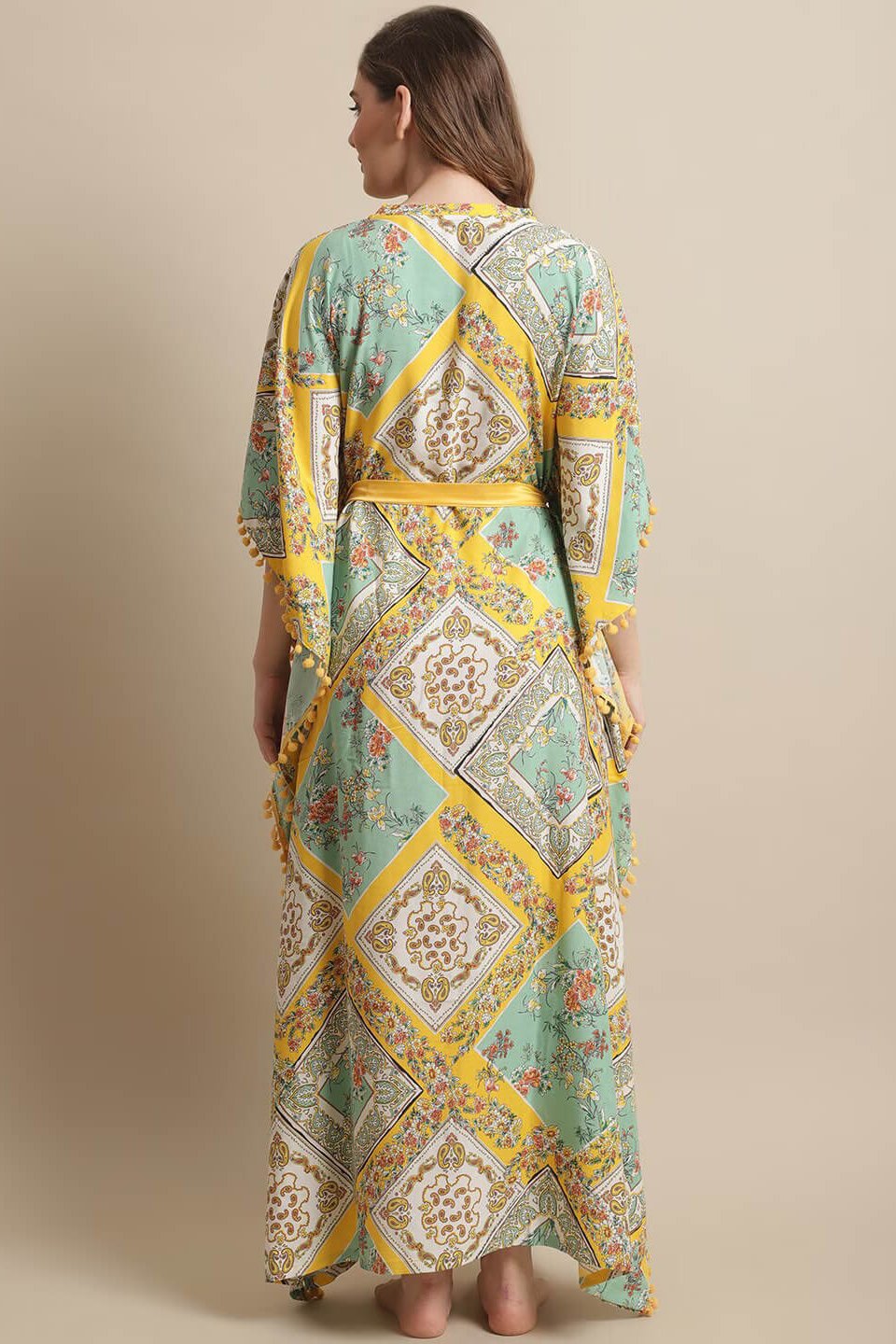 Yellow Color Floral Printed Rayon Night Dress Kaftan Claura Designs Pvt. Ltd. Kaftan Floral, kaftan, Kaftan_allsizes, Nightdress, Printed, Sleepwear, V-Neck, Yellow