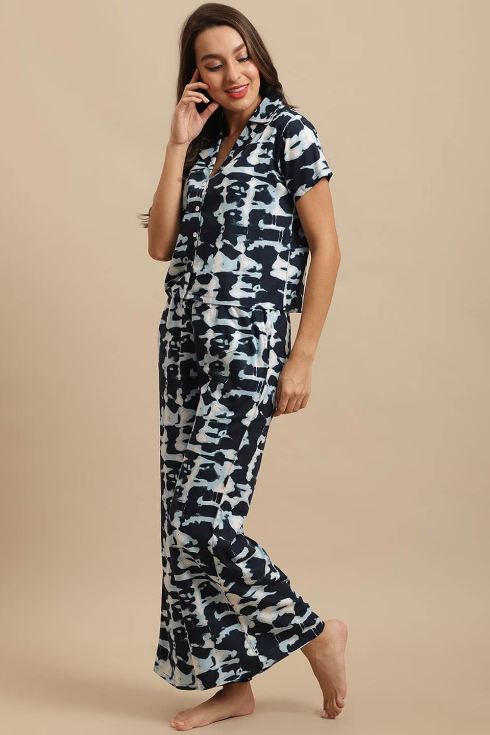 Navy Blue Tie-Dye Viscose Rayon Night Suit for Women by Claura