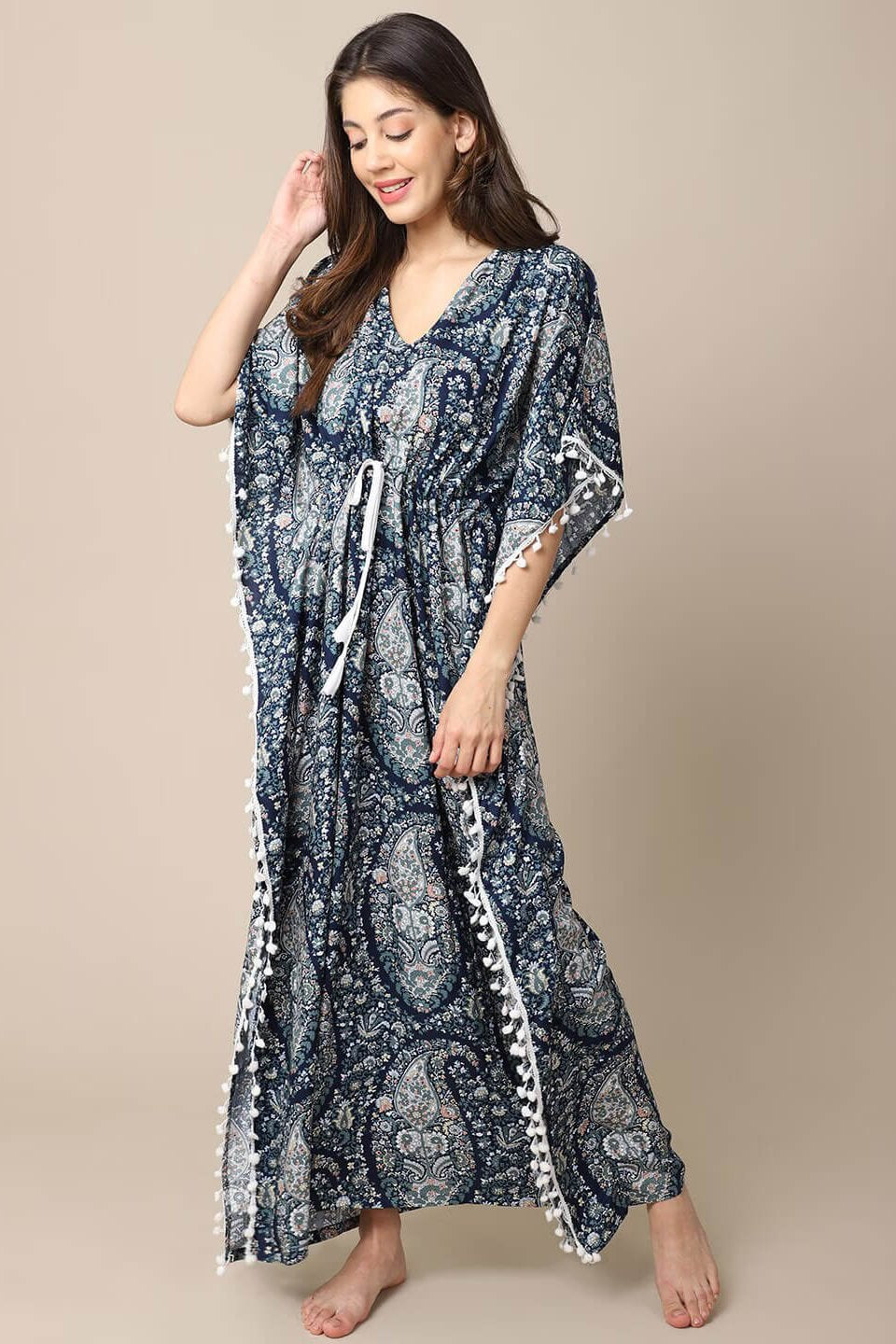 Blue Motif Printed Viscose Rayon Kaftan For Women Claura Designs Pvt. Ltd. Kaftan blue, kaftan, kaftan_freesize, Nightdress, Printed, Sleepwear, V-Neck