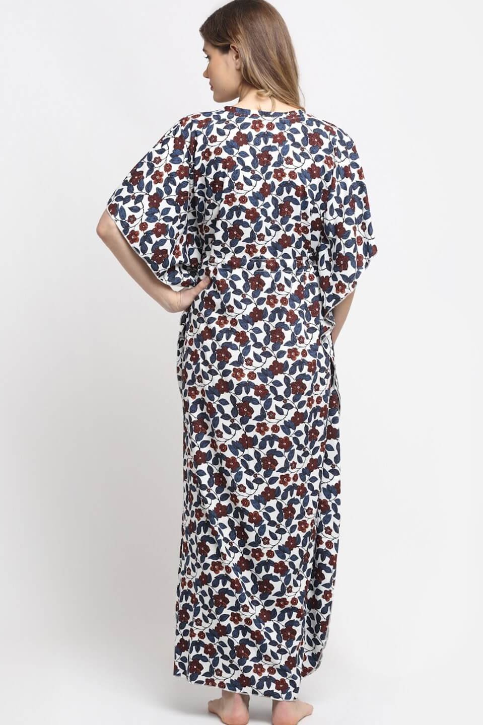 White and Blue Floral Printed Viscose Rayon Kaftan Claura Designs Pvt. Ltd. Kaftan Floral, Free Size, kaftan, kaftan_freesize, Nightdress, Printed, Sleepwear, V-Neck, White