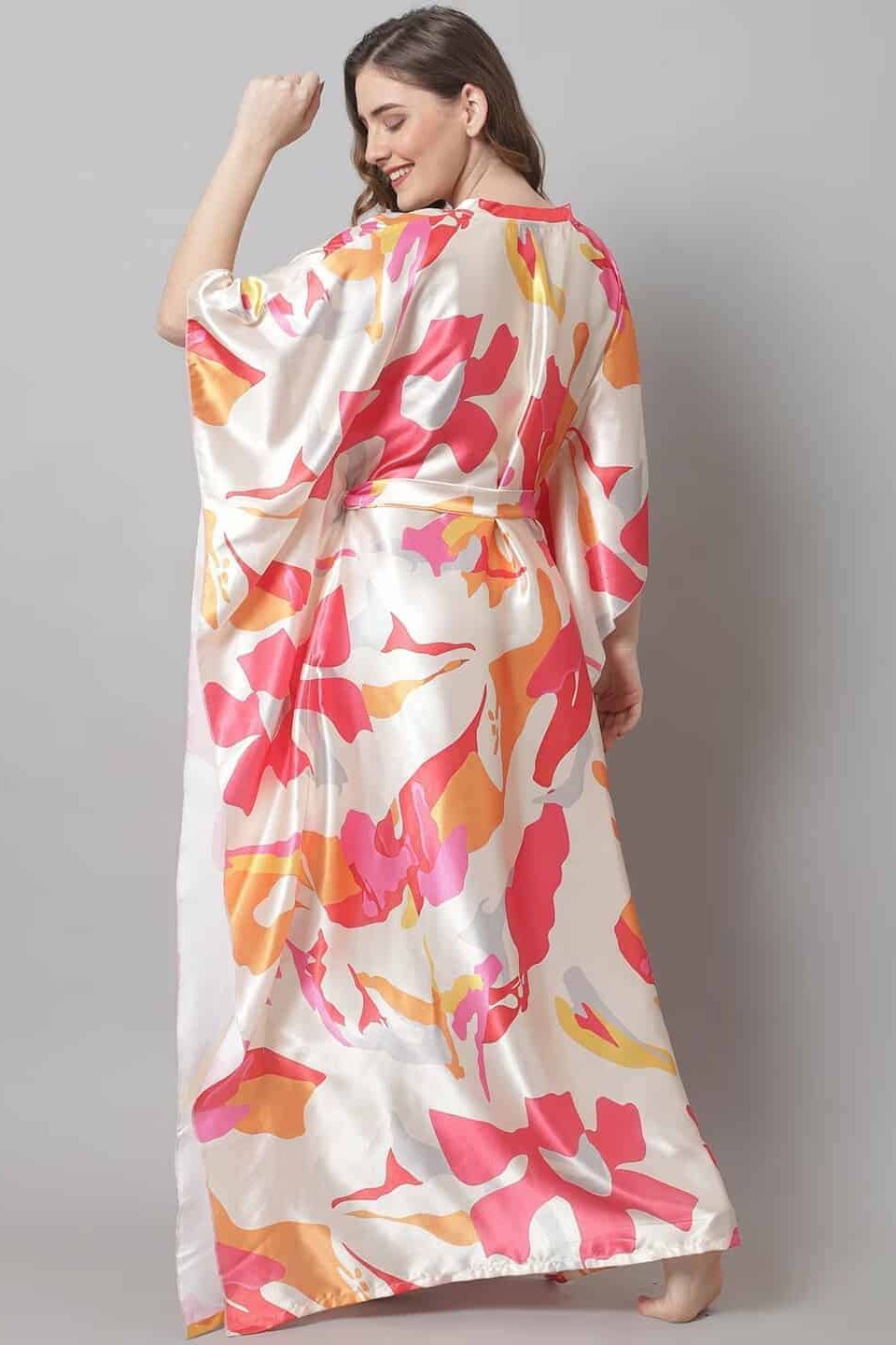 Cream Color Abstract Printed Satin Nighty Kaftan For Women Claura Designs Pvt. Ltd. Kaftan Abstract, cream color, Kaftan, Kaftan_allsizes, Nightdress, Printed, Satin, Short Sleeves, Sleepwea