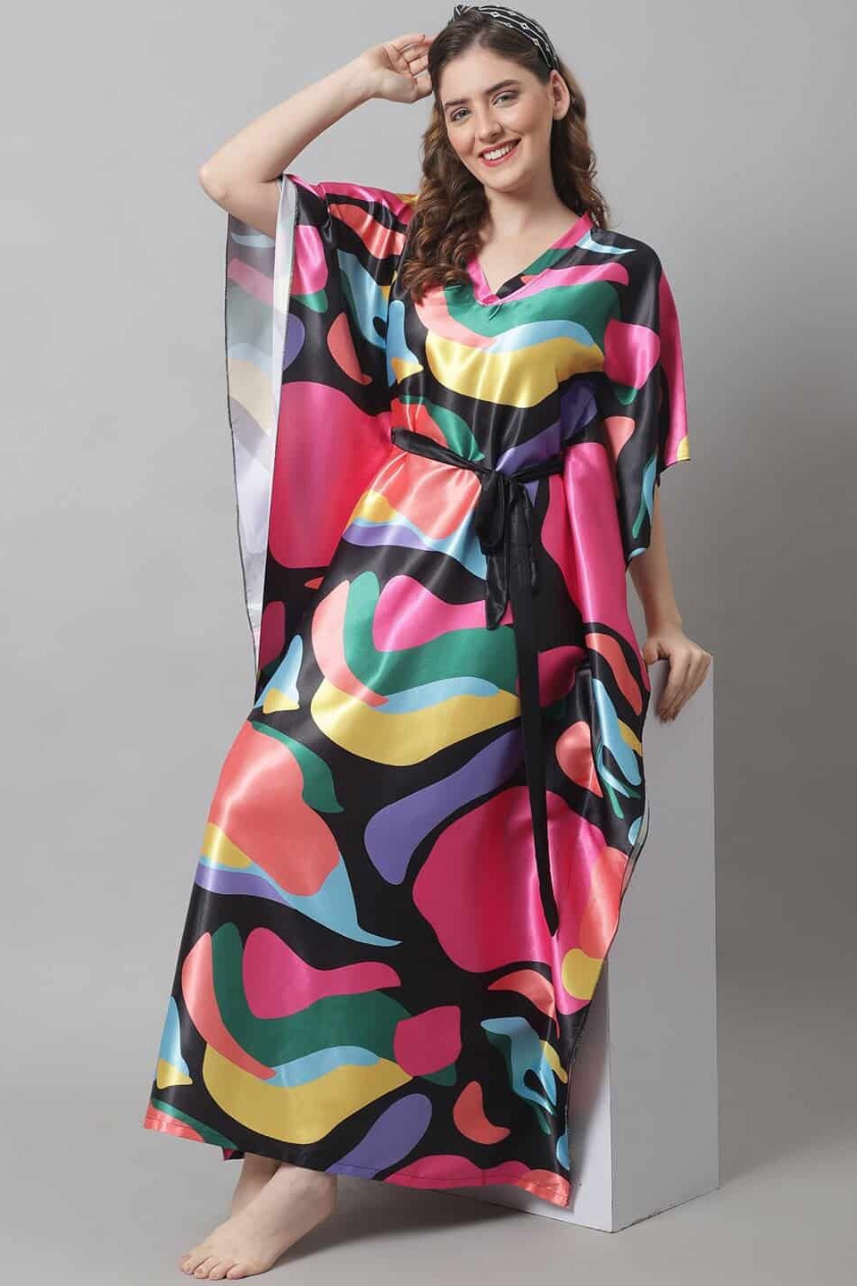 Pink Abstract Printed Satin Kaftan Maxi Nightdress For Women Claura Designs Pvt. Ltd. Kaftan Abstract, Black, Kaftan, Kaftan_allsizes, Nightdress, Pink, Printed, Satin, Short Sleeves, Sleepwea