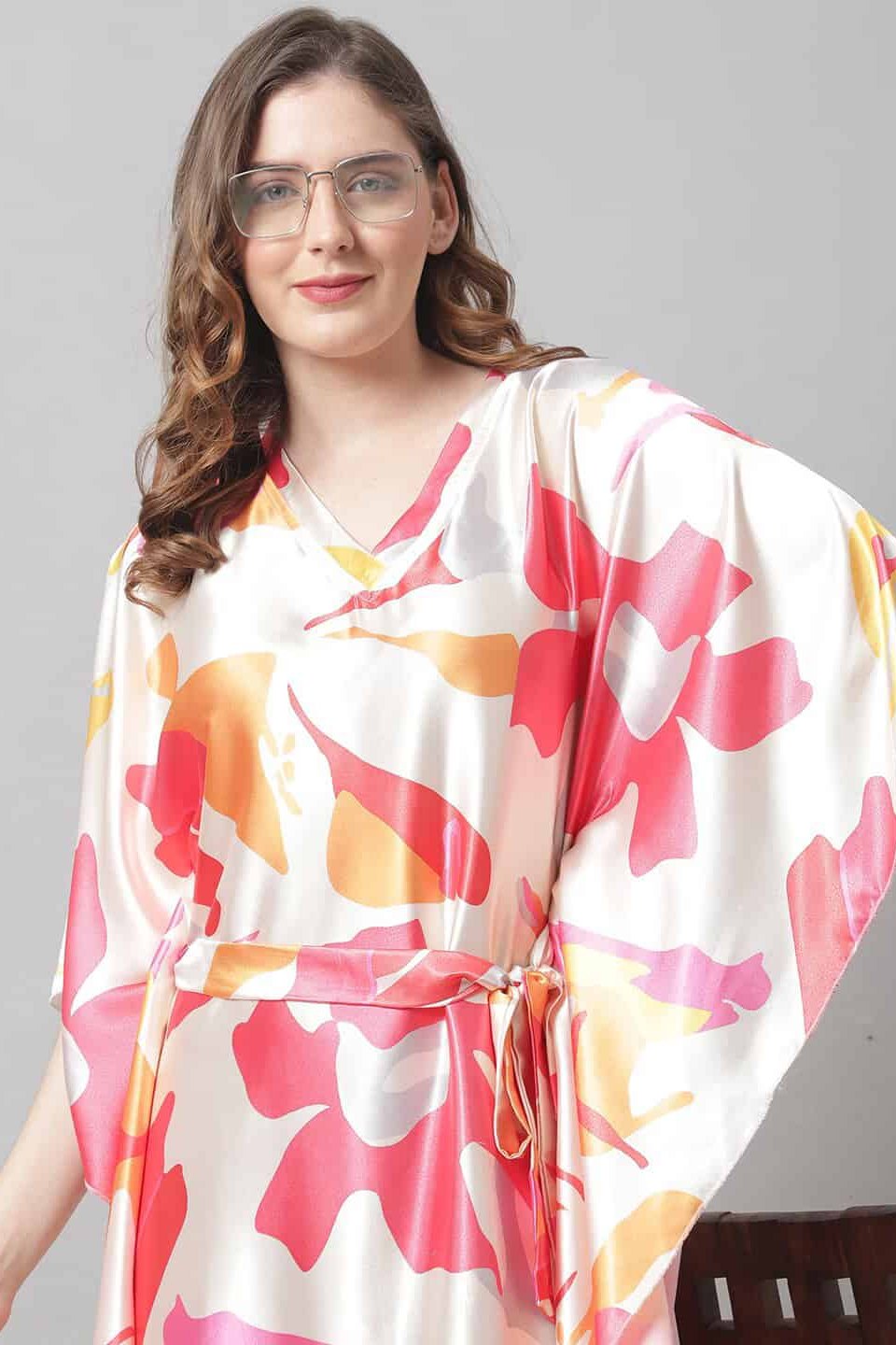 Cream Color Abstract Printed Satin Nighty Kaftan For Women Claura Designs Pvt. Ltd. Kaftan Abstract, cream color, Kaftan, Kaftan_allsizes, Nightdress, Printed, Satin, Short Sleeves, Sleepwea