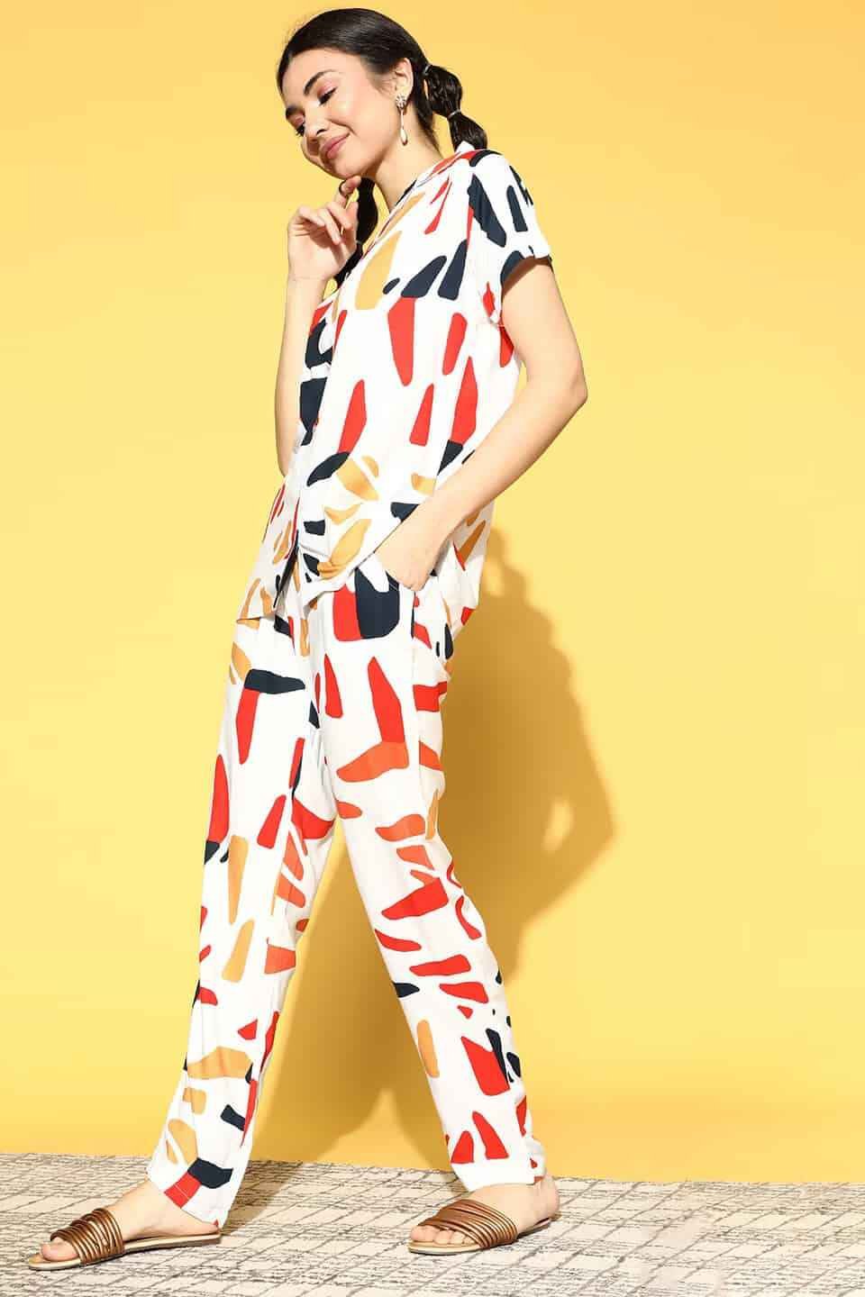 White Abstract Printed Cotton Night Suit for Women by Claura