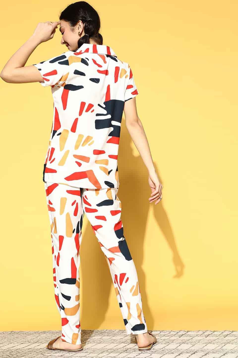 White Abstract Printed Cotton Night Suit for Women by Claura