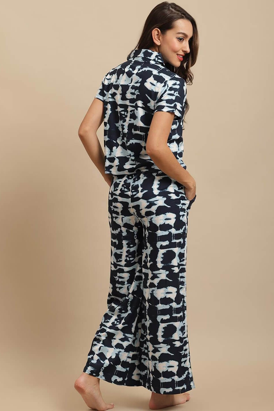 Navy Blue Tie-Dye Viscose Rayon Night Suit for Women by Claura