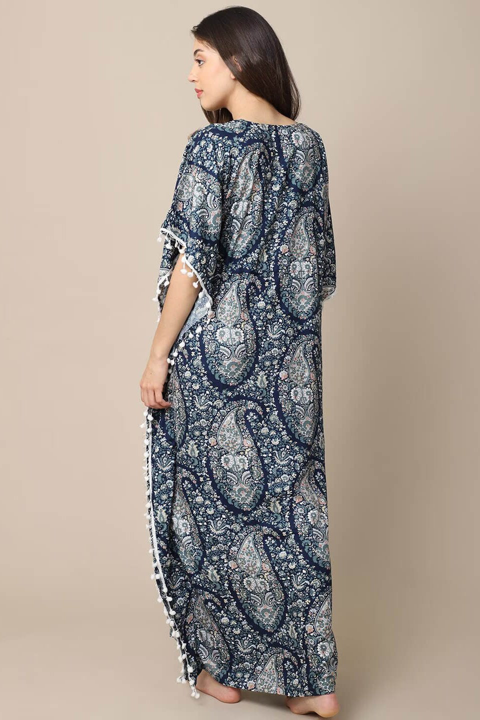 Blue Motif Printed Viscose Rayon Kaftan For Women Claura Designs Pvt. Ltd. Kaftan blue, kaftan, kaftan_freesize, Nightdress, Printed, Sleepwear, V-Neck