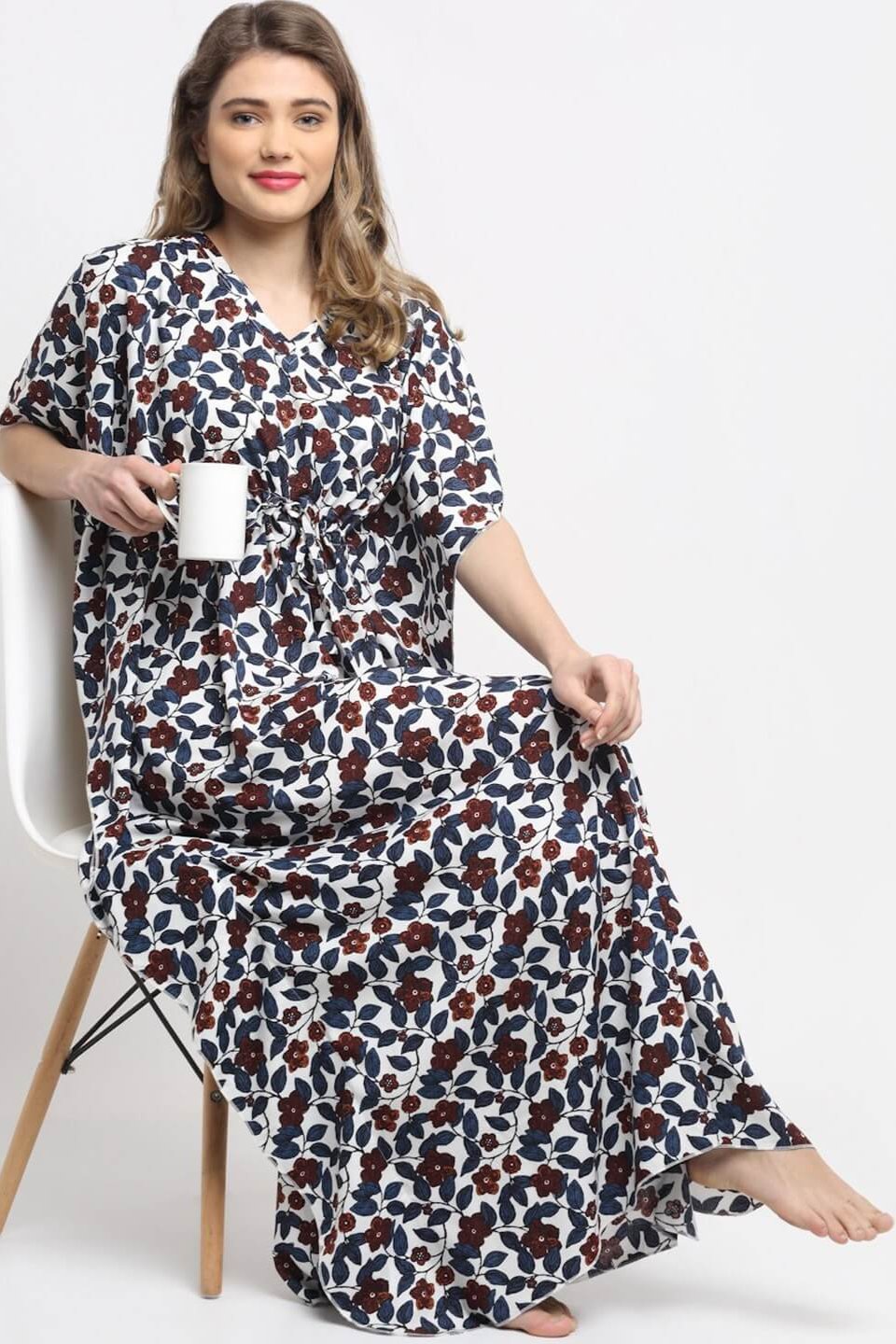 White and Blue Floral Printed Viscose Rayon Kaftan Claura Designs Pvt. Ltd. Kaftan Floral, Free Size, kaftan, kaftan_freesize, Nightdress, Printed, Sleepwear, V-Neck, White