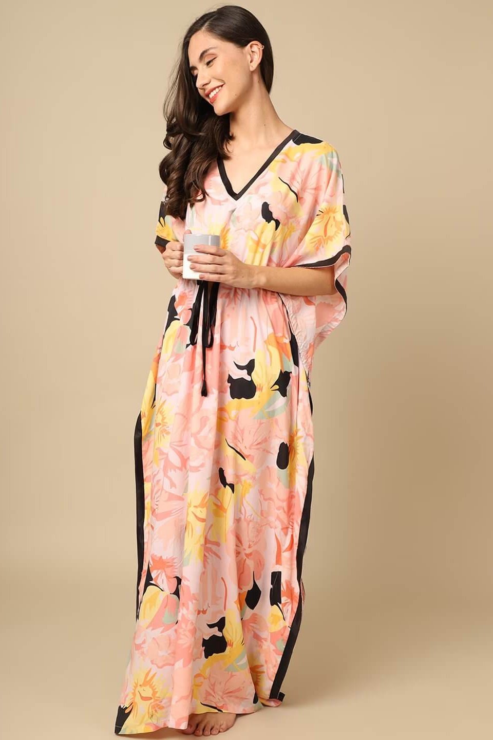 Multi Color Floral Printed Viscose Rayon Kaftan Claura Designs Pvt. Ltd. Kaftan Floral, kaftan, kaftan_freesize, multi color, Nightdress, Printed, Sleepwear, V-Neck