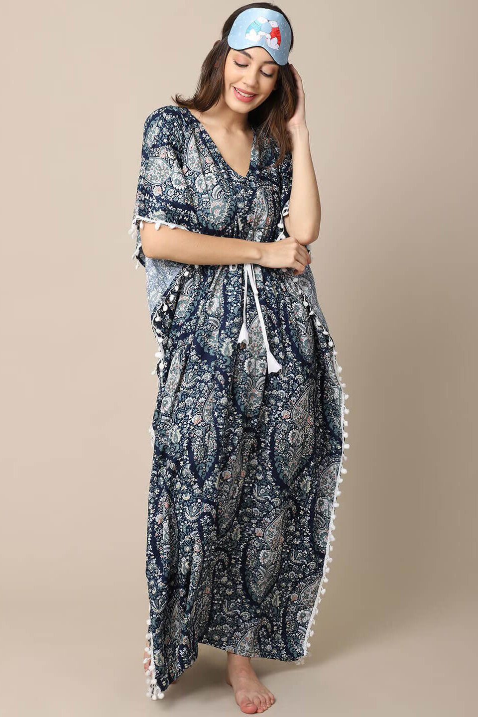 Blue Motif Printed Viscose Rayon Kaftan For Women Claura Designs Pvt. Ltd. Kaftan blue, kaftan, kaftan_freesize, Nightdress, Printed, Sleepwear, V-Neck
