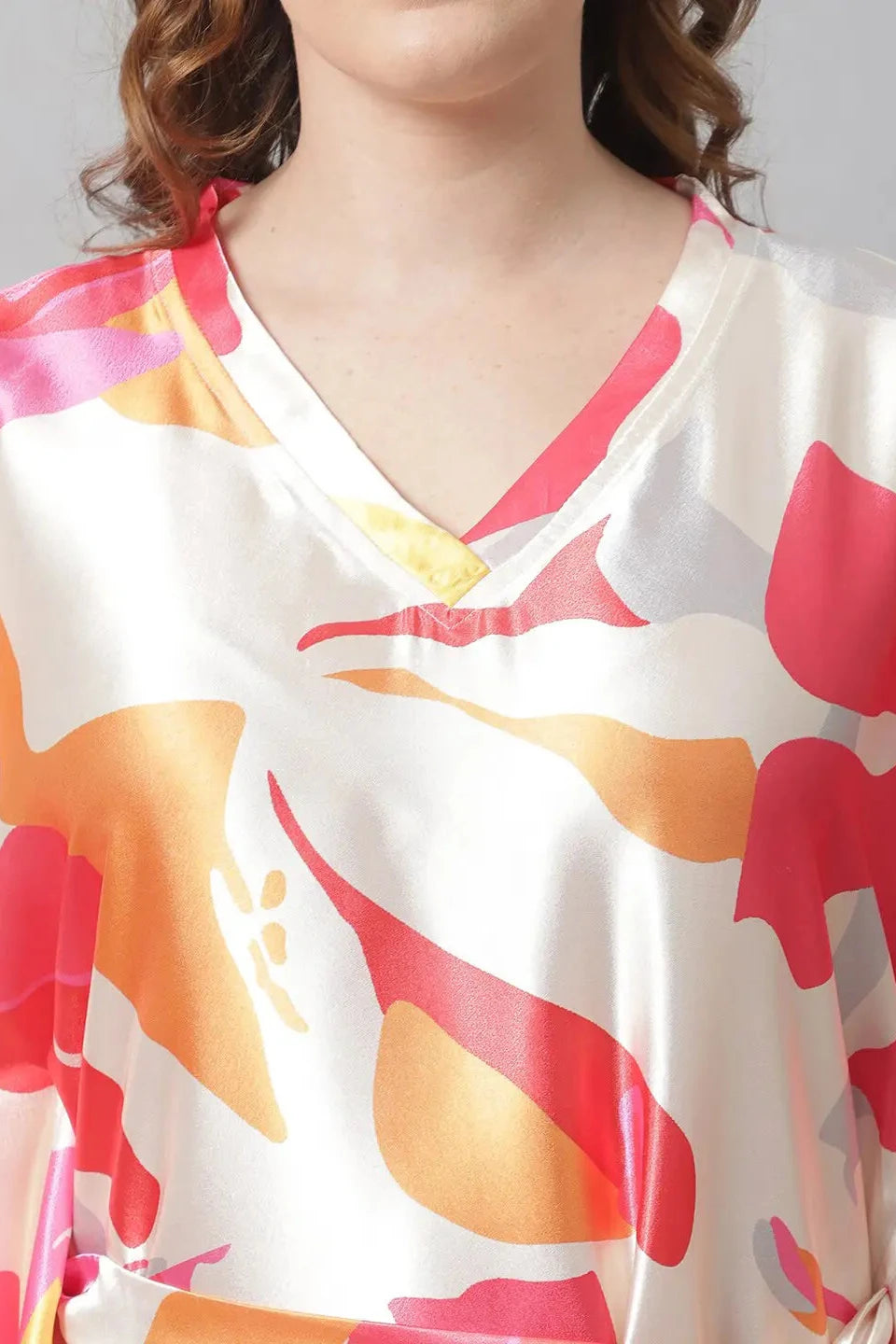Cream Color Abstract Printed Satin Nighty Kaftan For Women Claura Designs Pvt. Ltd. Kaftan Abstract, cream color, Kaftan, Kaftan_allsizes, Nightdress, Printed, Satin, Short Sleeves, Sleepwea