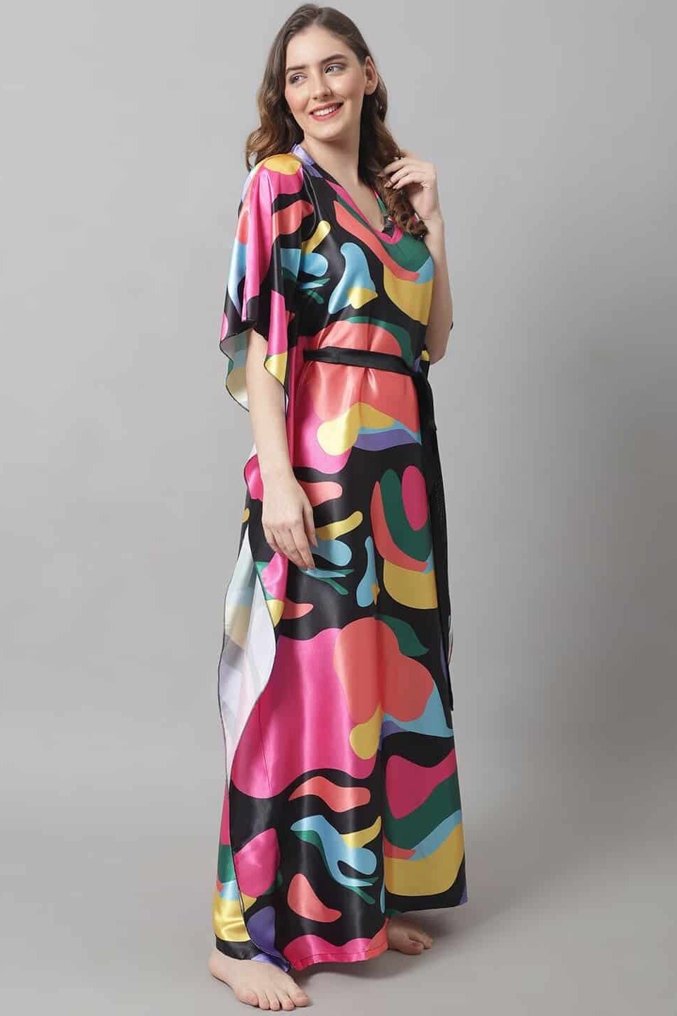 Pink Abstract Printed Satin Kaftan Maxi Nightdress For Women Claura Designs Pvt. Ltd. Kaftan Abstract, Black, Kaftan, Kaftan_allsizes, Nightdress, Pink, Printed, Satin, Short Sleeves, Sleepwea