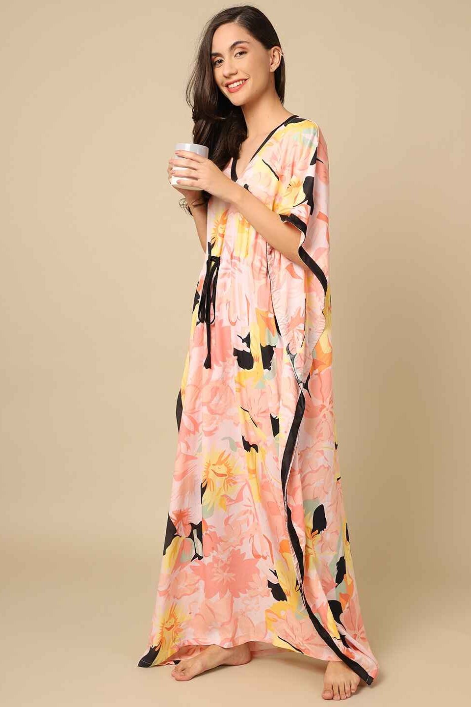 Multi Color Floral Printed Viscose Rayon Kaftan Claura Designs Pvt. Ltd. Kaftan Floral, kaftan, kaftan_freesize, multi color, Nightdress, Printed, Sleepwear, V-Neck