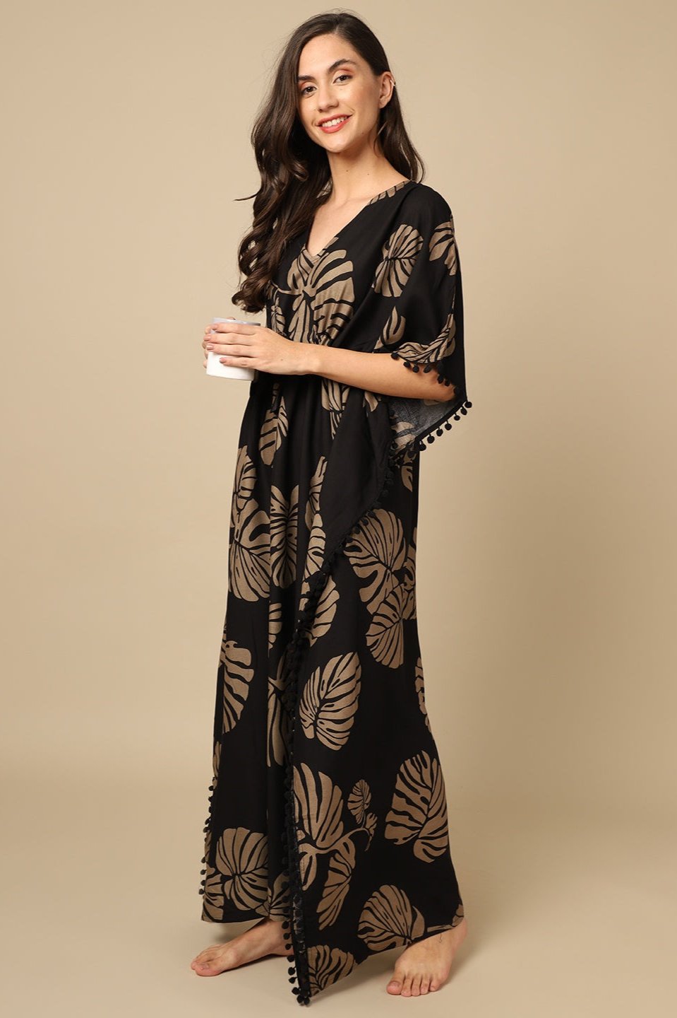Black Color Floral Printed Viscose Rayon Kaftan Claura Designs Pvt. Ltd. Kaftan Black, Floral, kaftan, kaftan_freesize, Nightdress, Printed, Rayon, Sleepwear, V-Neck