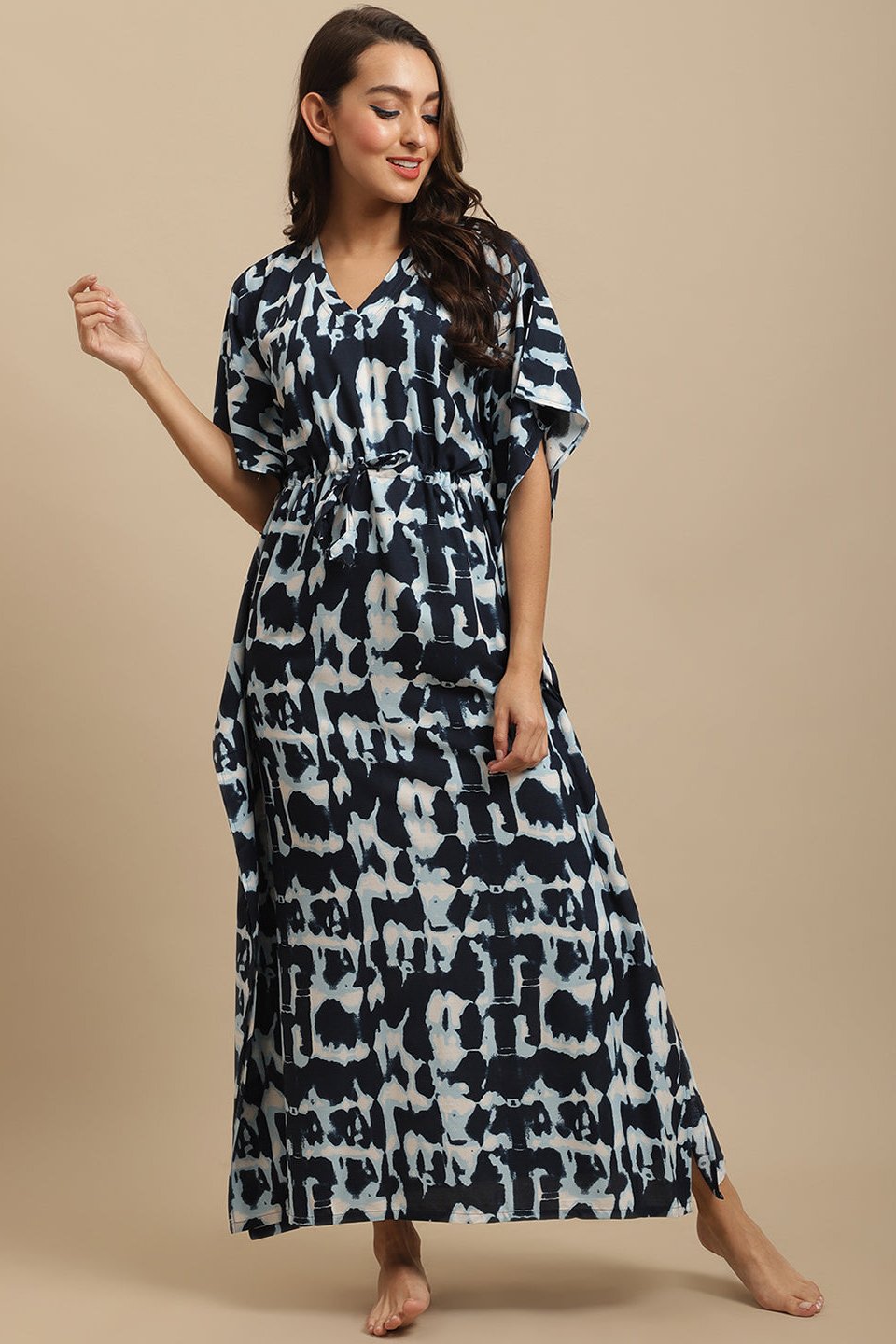 Navy Color Abstract Viscose Rayon Kaftan For Woman Claura Designs Pvt. Ltd. Kaftan kaftan, kaftan_freesize, Navy Blue, Nightdress, Printed, Rayon, Sleepwear, V-Neck