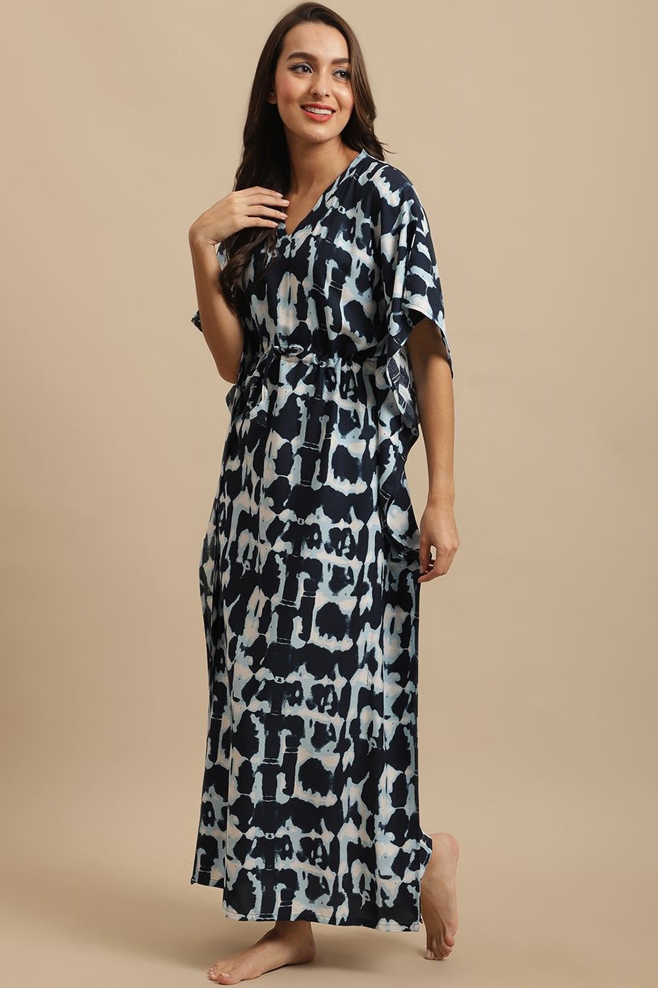 Navy Color Abstract Viscose Rayon Kaftan For Woman Claura Designs Pvt. Ltd. Kaftan kaftan, kaftan_freesize, Navy Blue, Nightdress, Printed, Rayon, Sleepwear, V-Neck